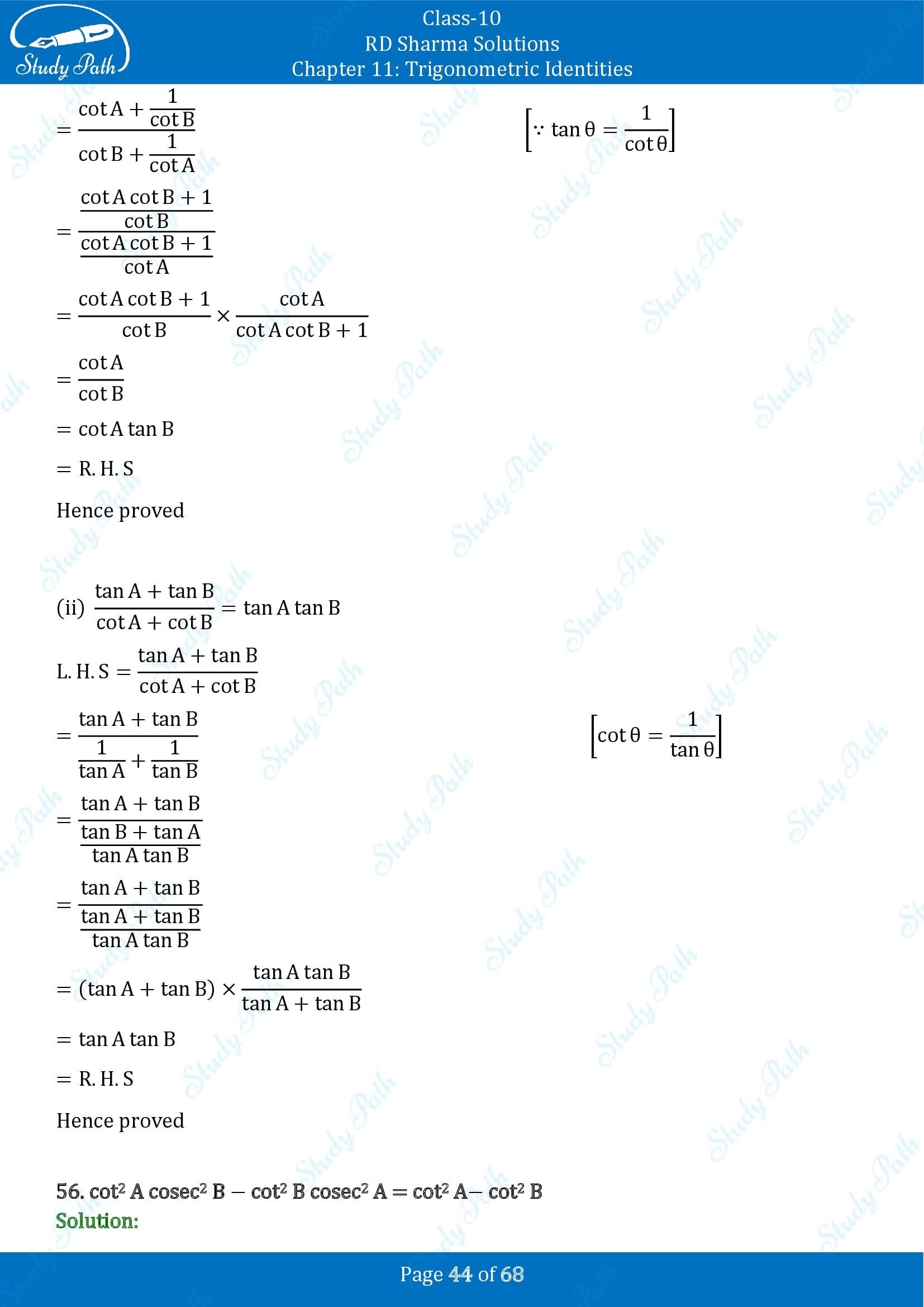 RD Sharma Solutions Class 10 Chapter 11 Trigonometric Identities Exercise 11.1 00044
