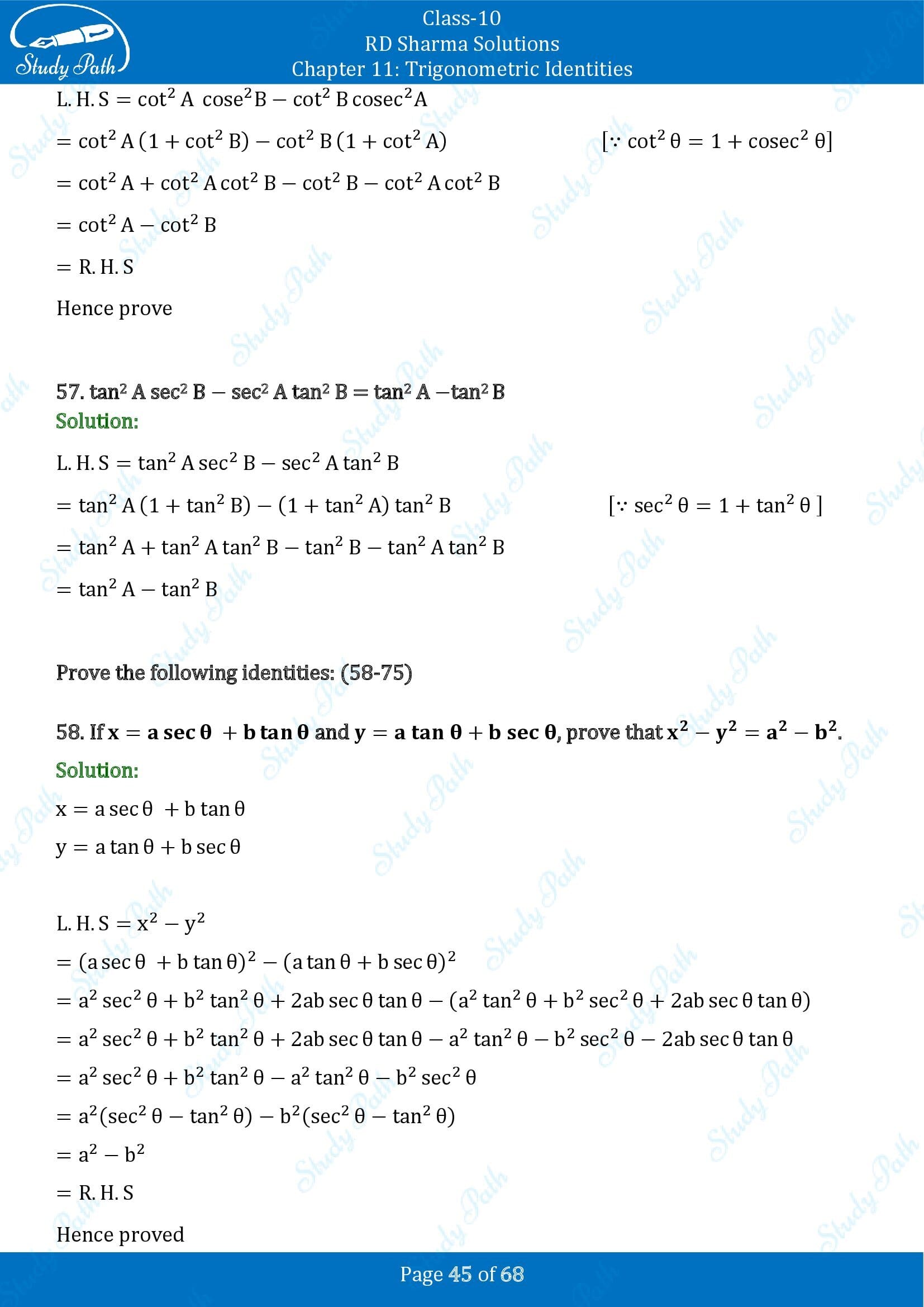 RD Sharma Solutions Class 10 Chapter 11 Trigonometric Identities Exercise 11.1 00045
