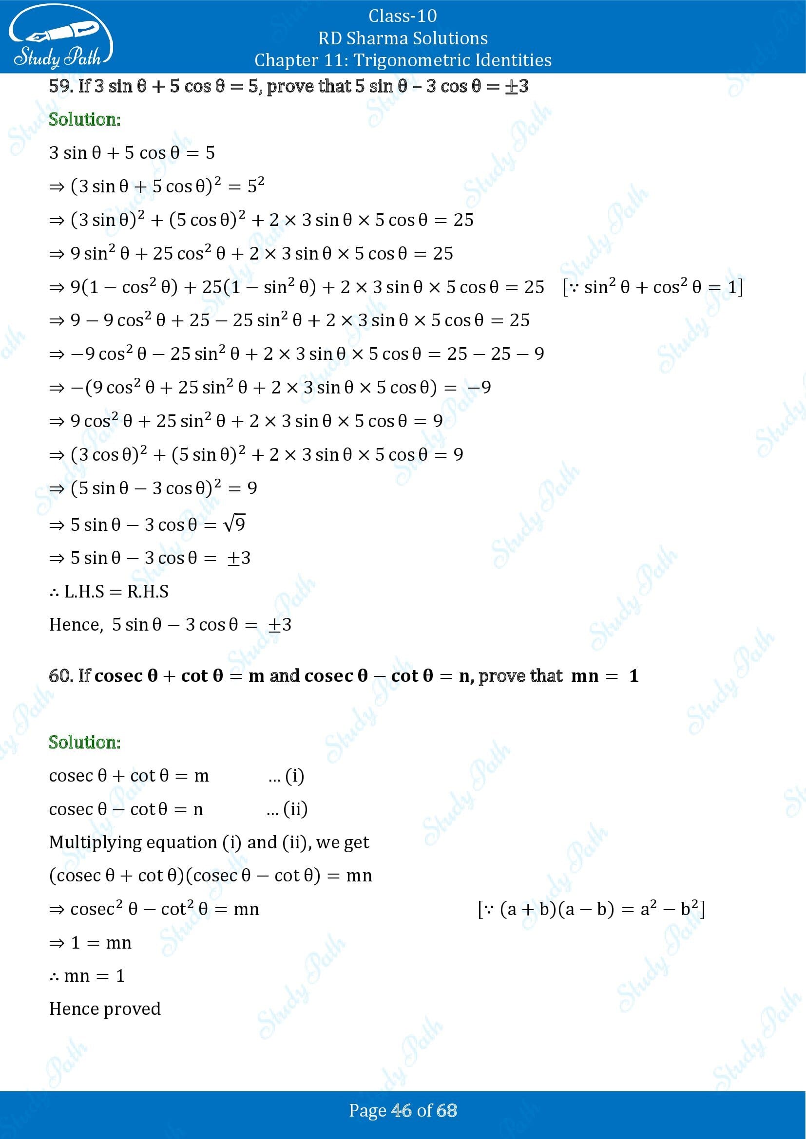 RD Sharma Solutions Class 10 Chapter 11 Trigonometric Identities Exercise 11.1 00046