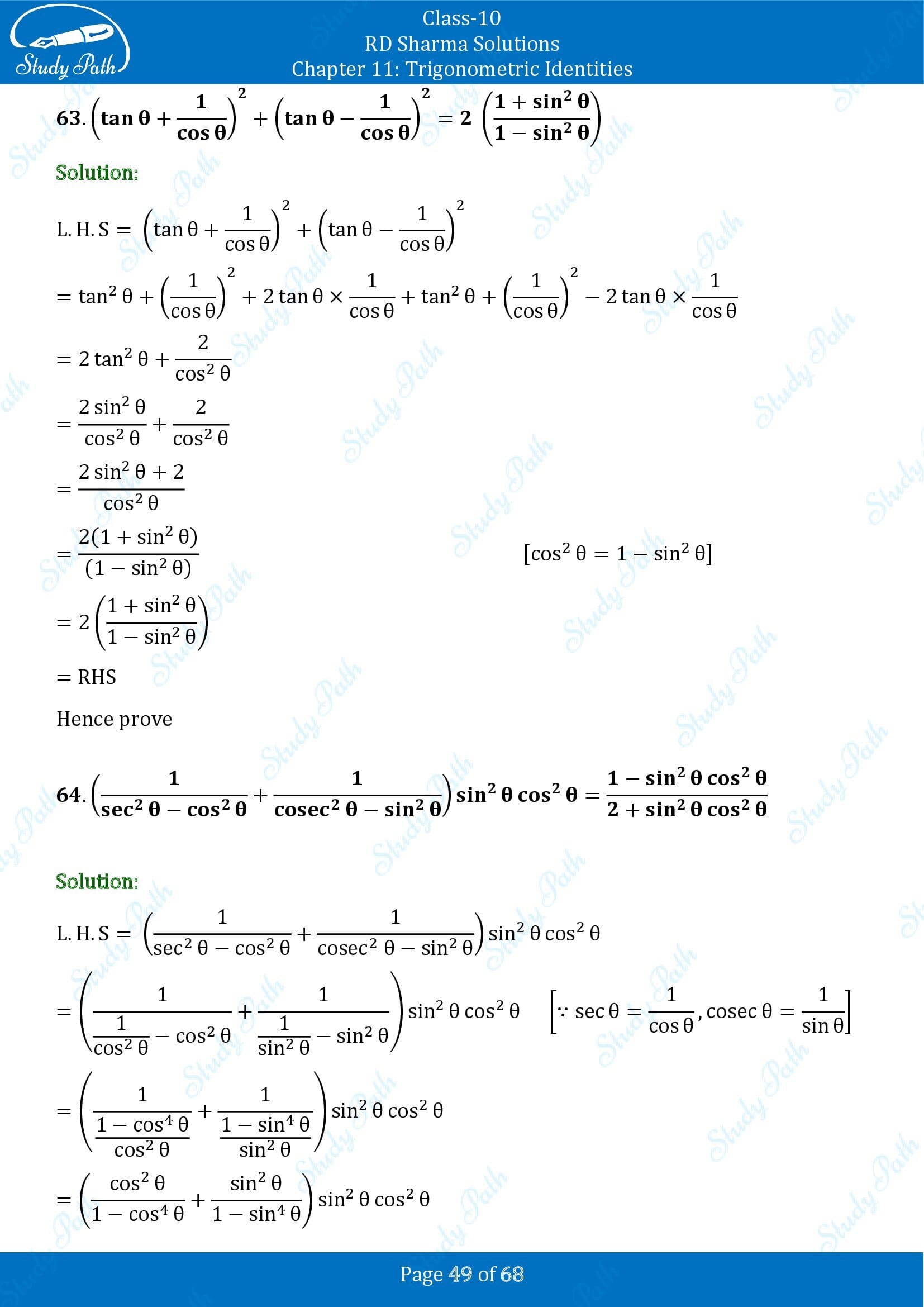 RD Sharma Solutions Class 10 Chapter 11 Trigonometric Identities Exercise 11.1 00049