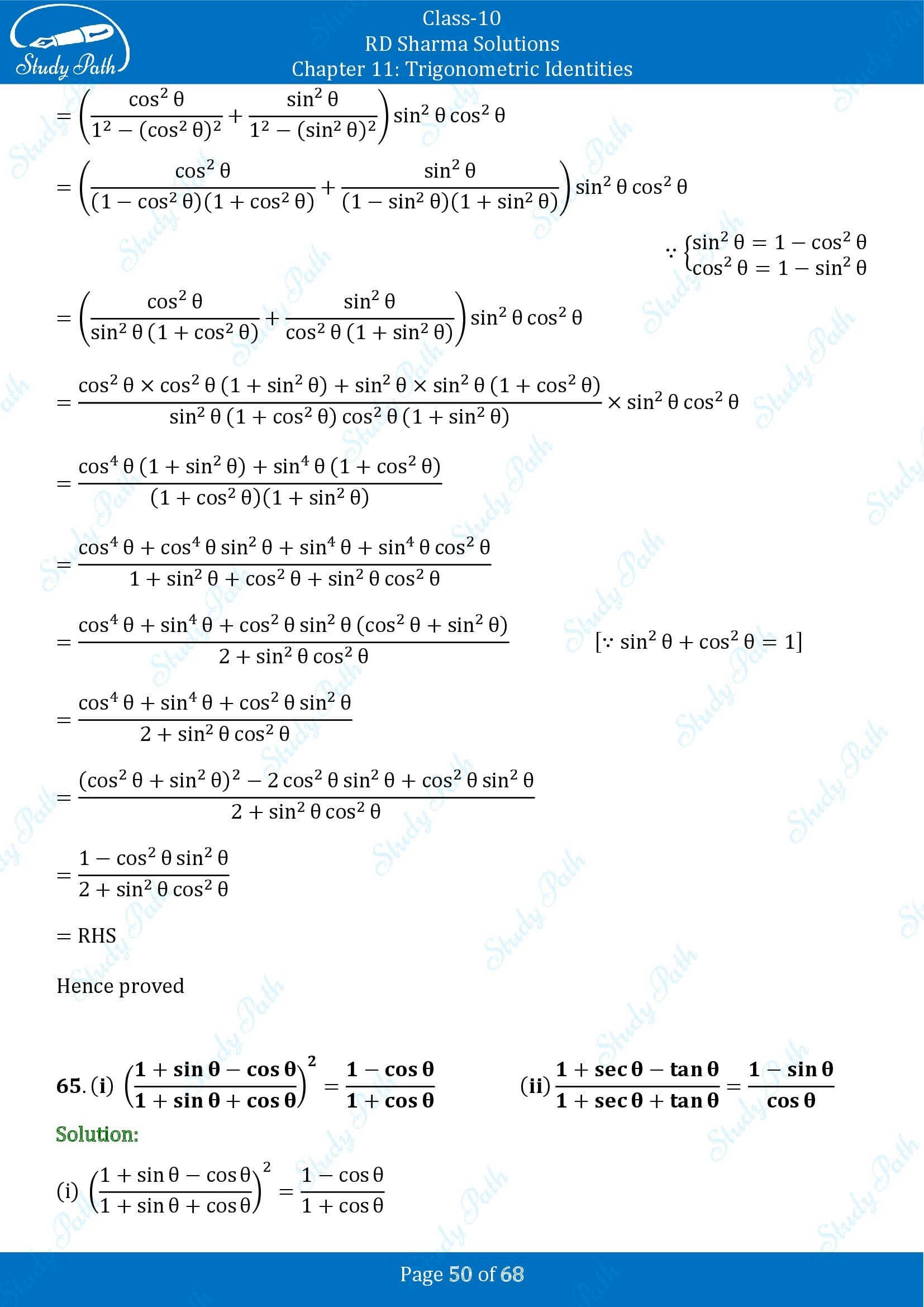 RD Sharma Solutions Class 10 Chapter 11 Trigonometric Identities Exercise 11.1 00050
