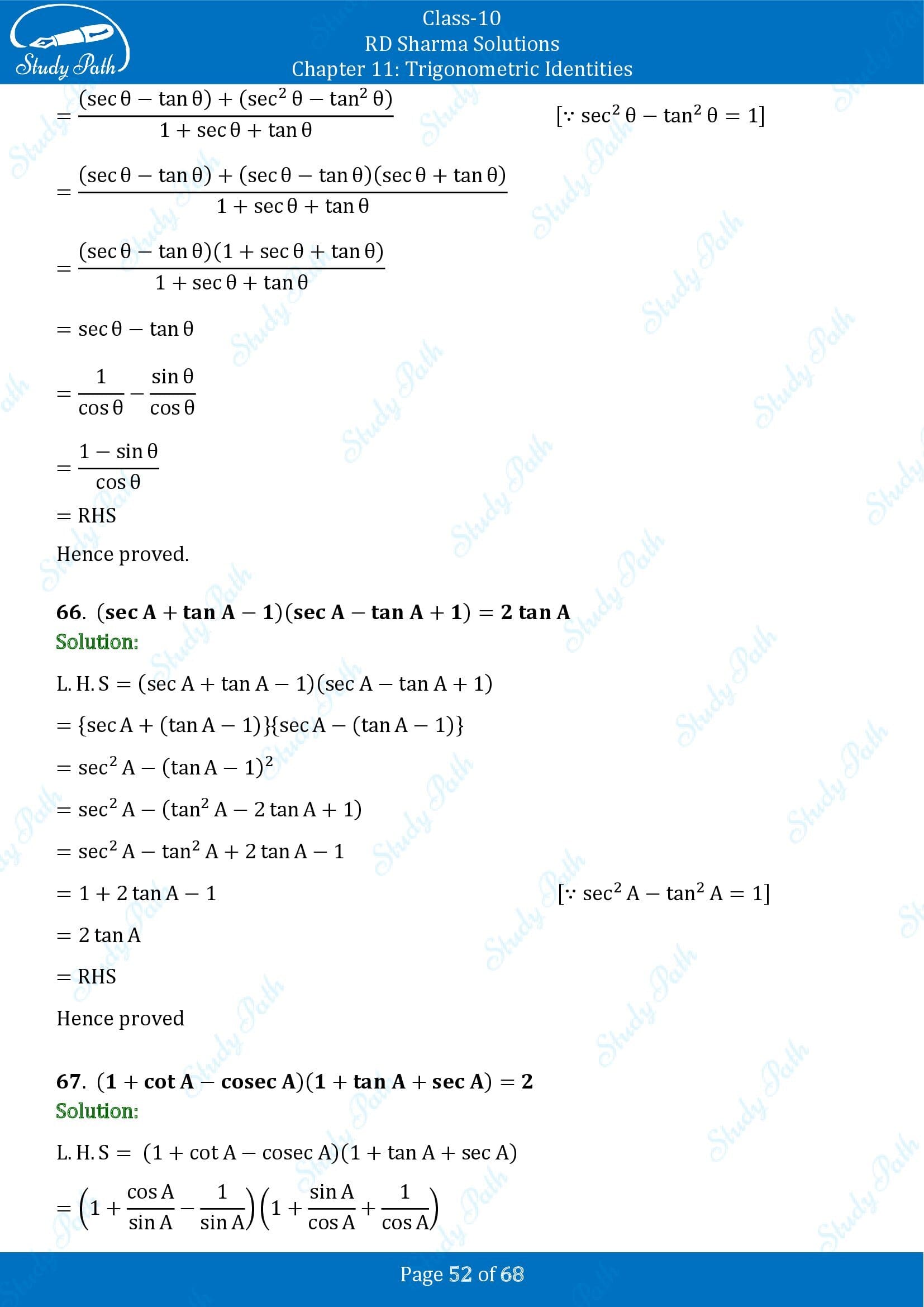 RD Sharma Solutions Class 10 Chapter 11 Trigonometric Identities Exercise 11.1 00052
