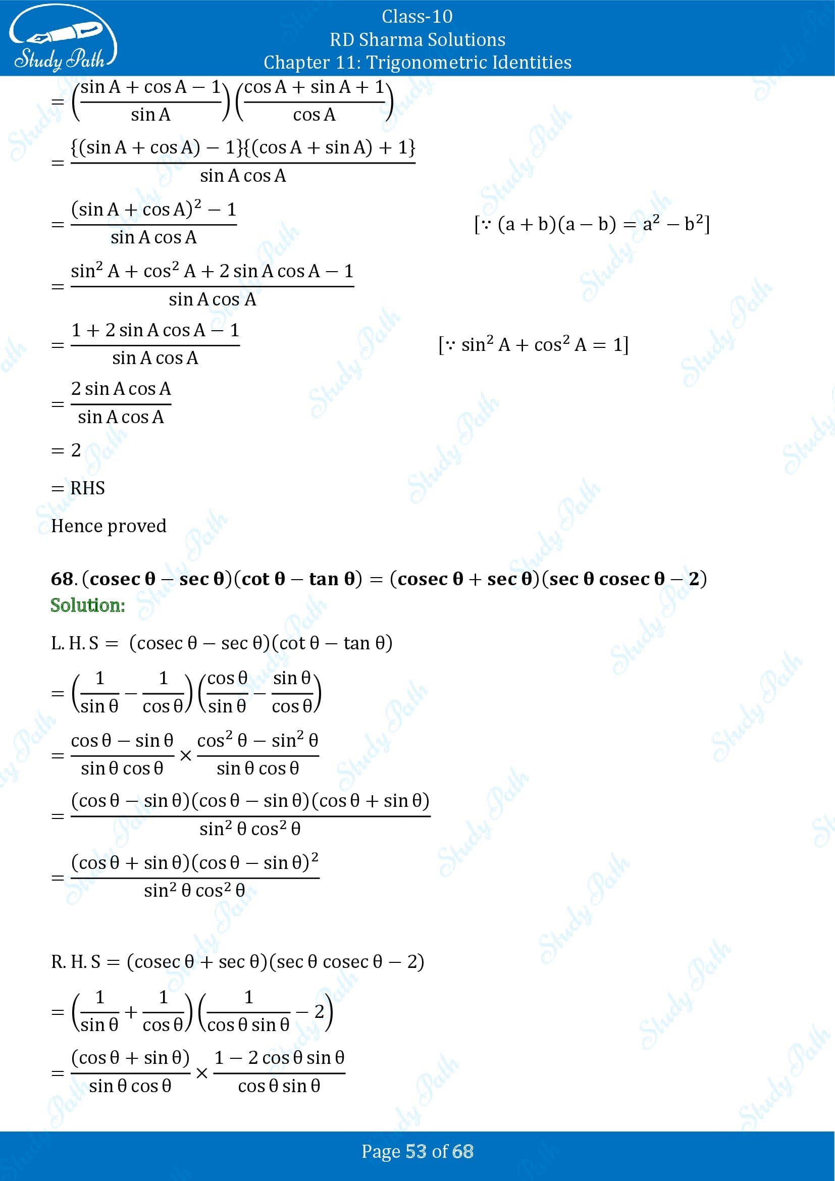 RD Sharma Solutions Class 10 Chapter 11 Trigonometric Identities Exercise 11.1 00053