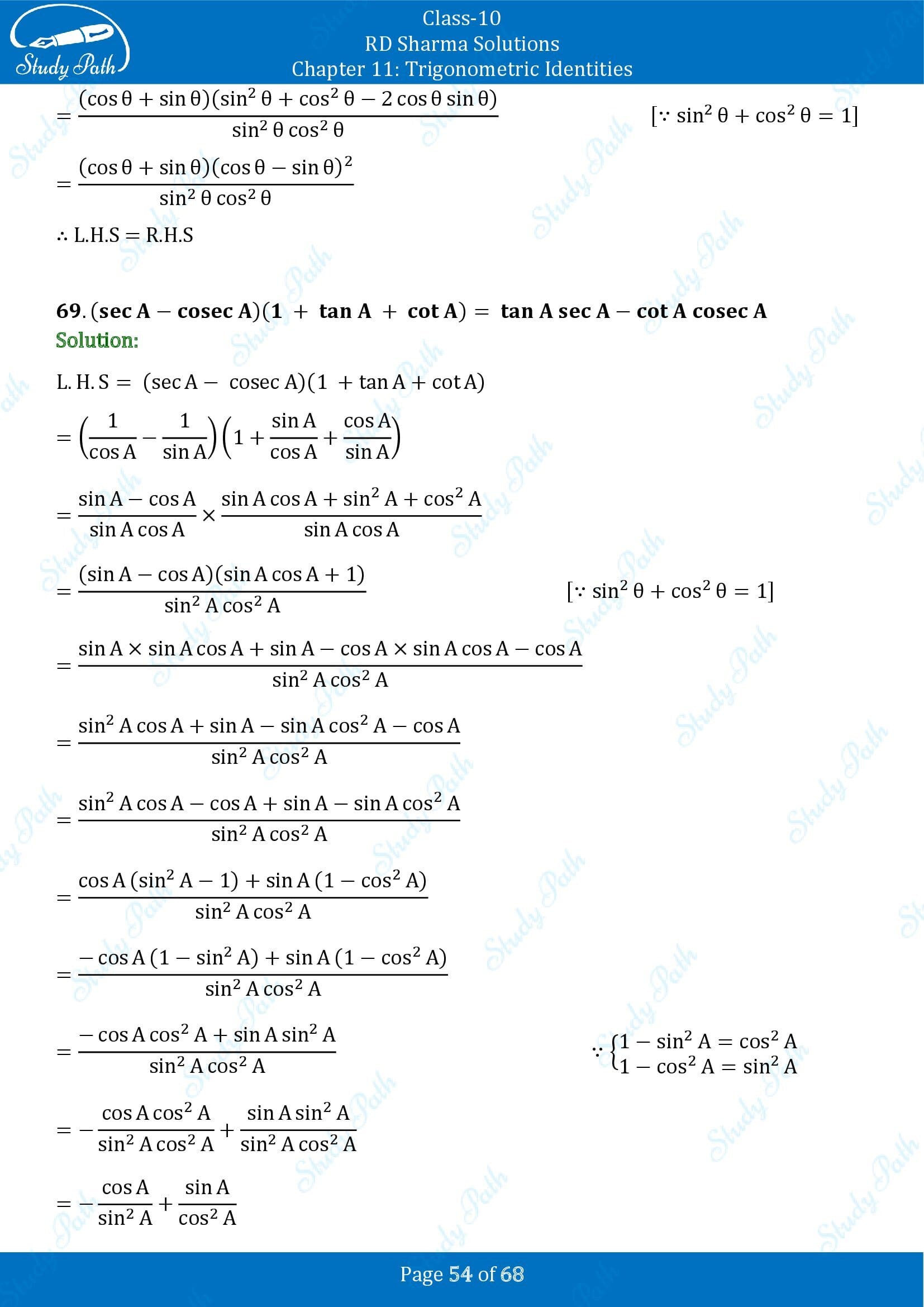 RD Sharma Solutions Class 10 Chapter 11 Trigonometric Identities Exercise 11.1 00054