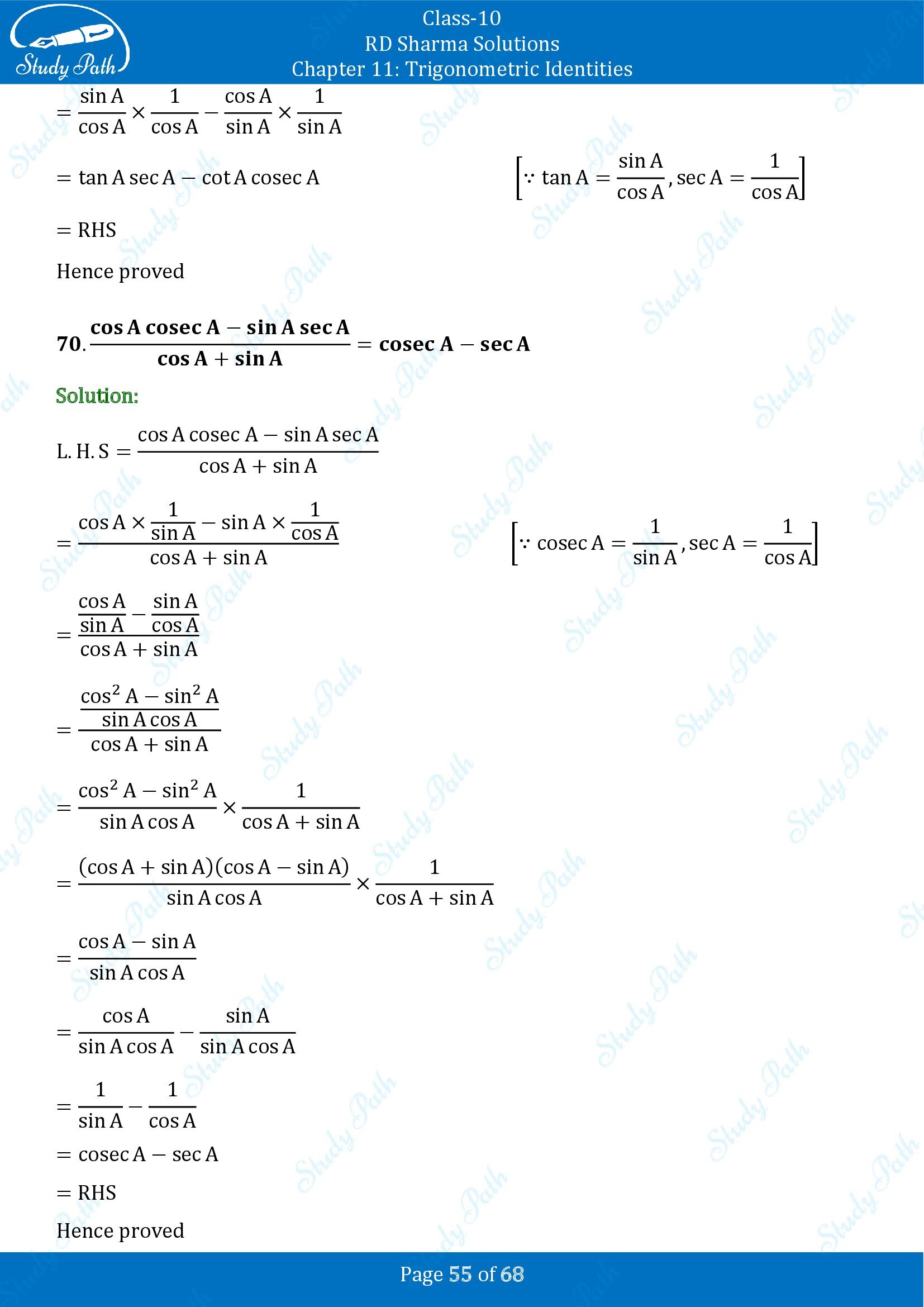 RD Sharma Solutions Class 10 Chapter 11 Trigonometric Identities Exercise 11.1 00055