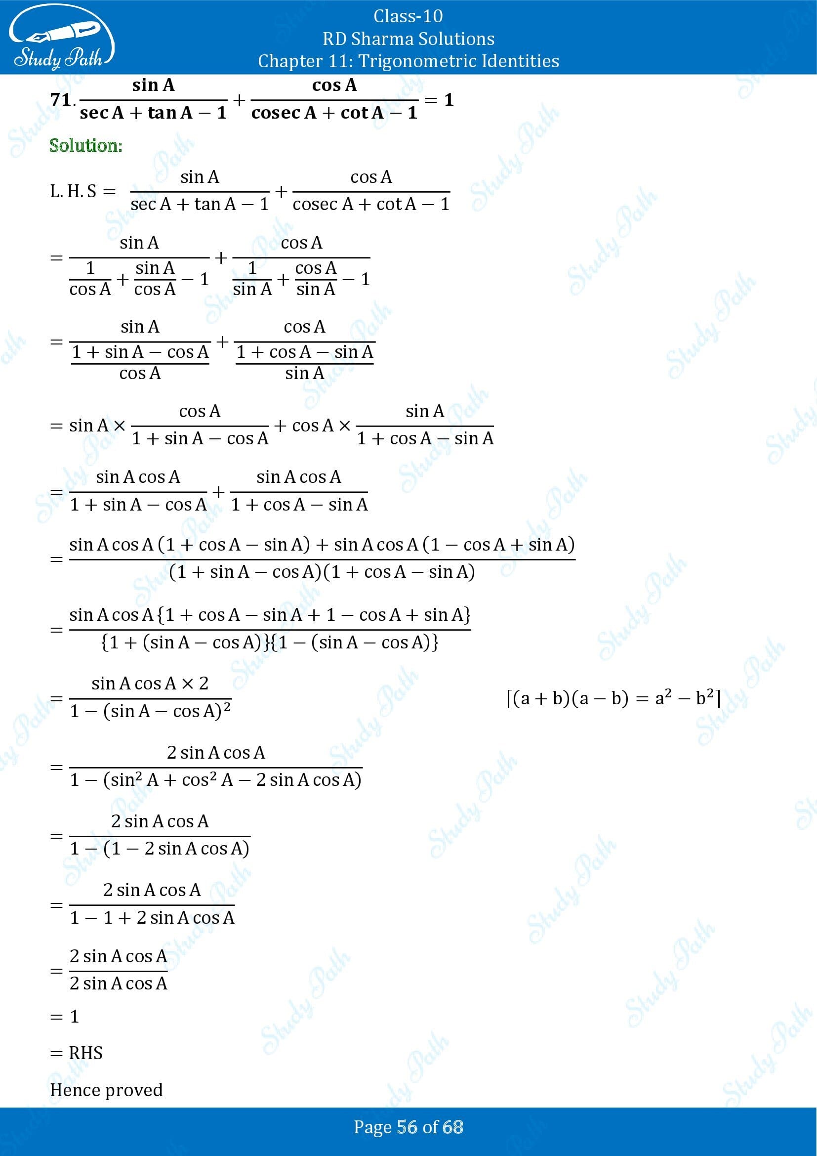 RD Sharma Solutions Class 10 Chapter 11 Trigonometric Identities Exercise 11.1 00056