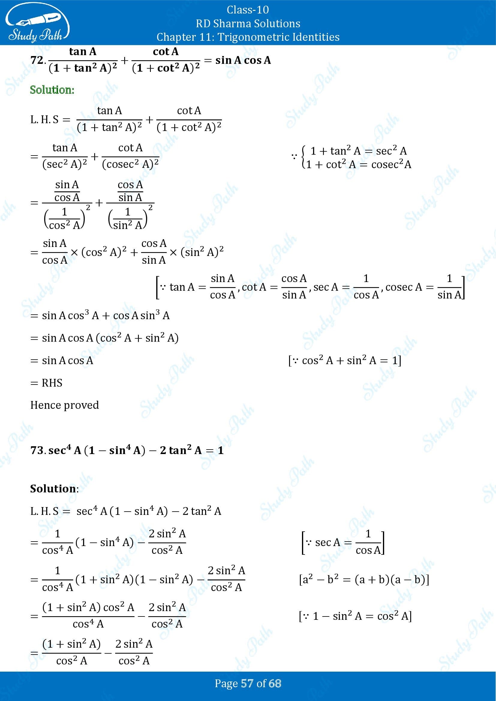 RD Sharma Solutions Class 10 Chapter 11 Trigonometric Identities Exercise 11.1 00057