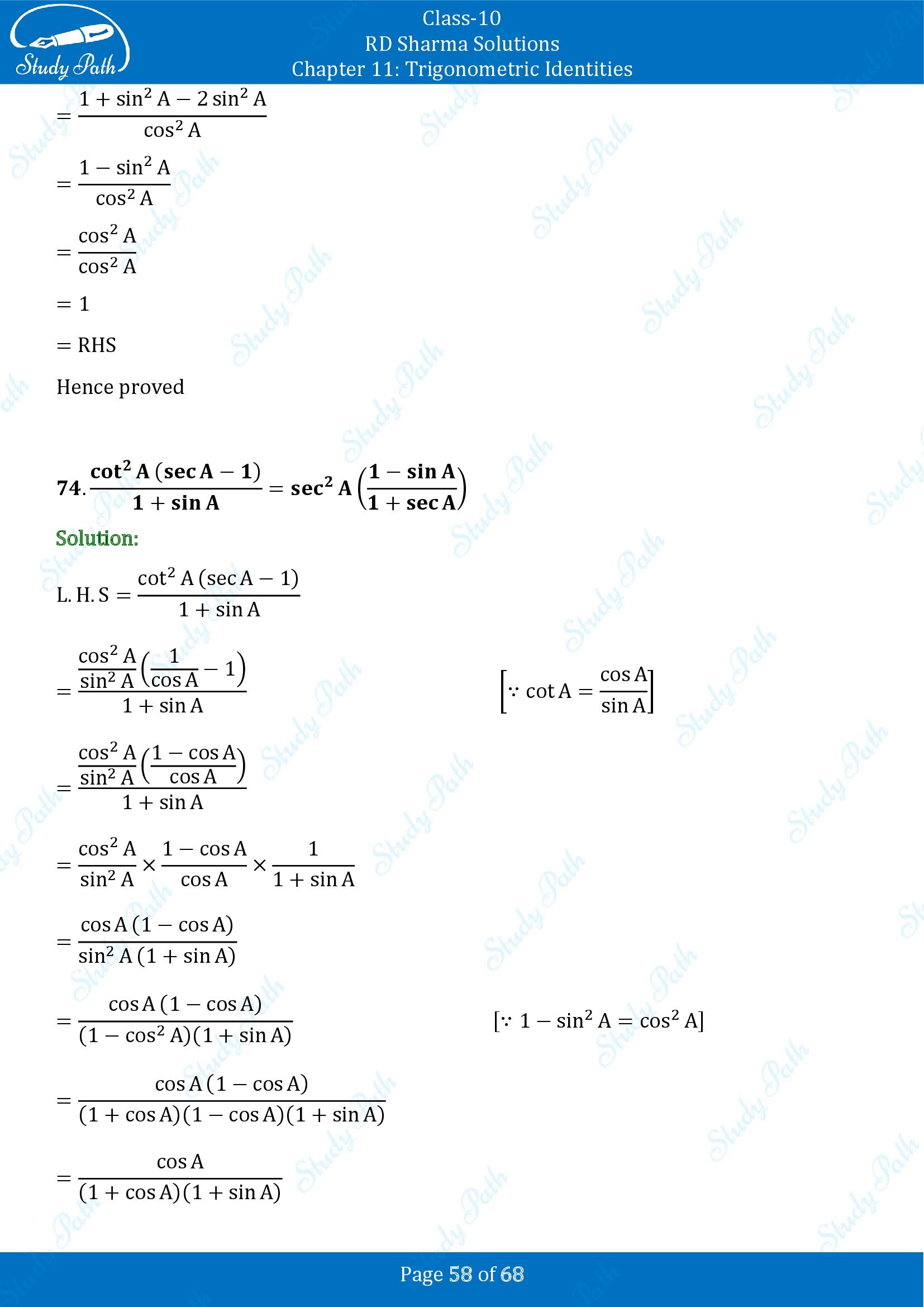 RD Sharma Solutions Class 10 Chapter 11 Trigonometric Identities Exercise 11.1 00058