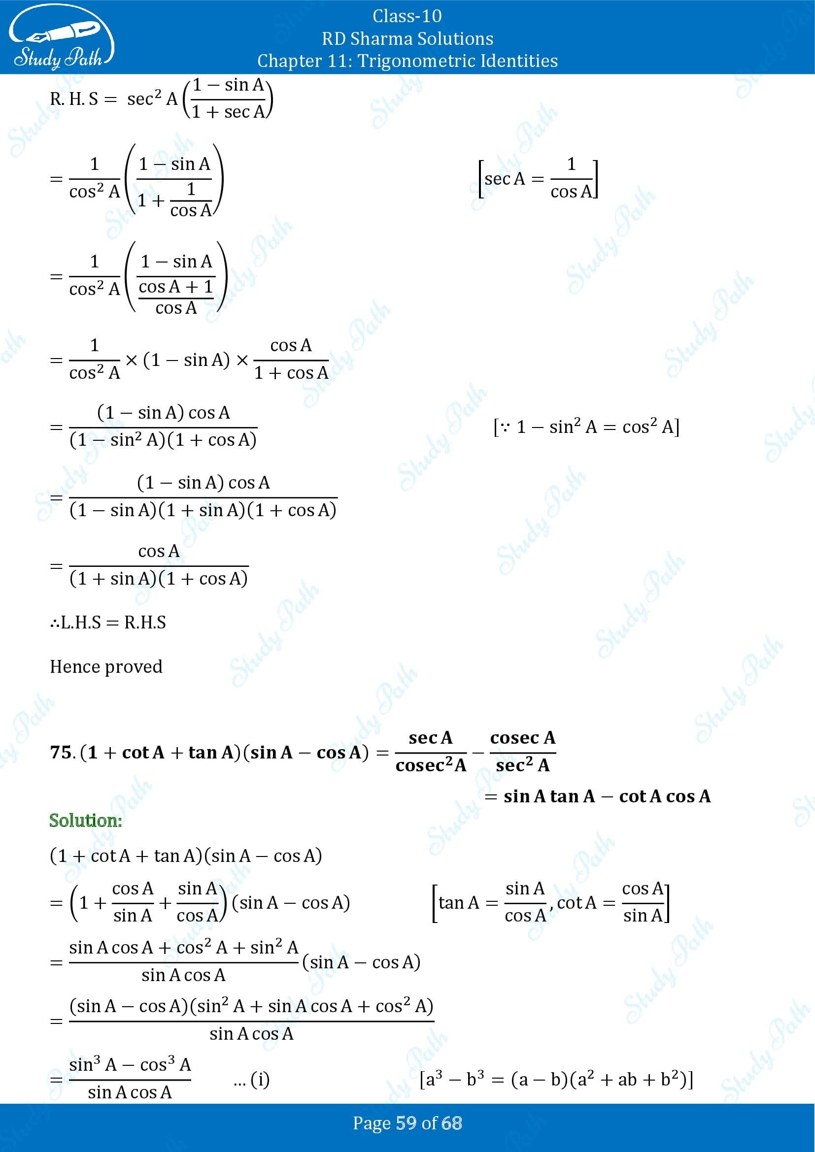 RD Sharma Solutions Class 10 Chapter 11 Trigonometric Identities Exercise 11.1 00059
