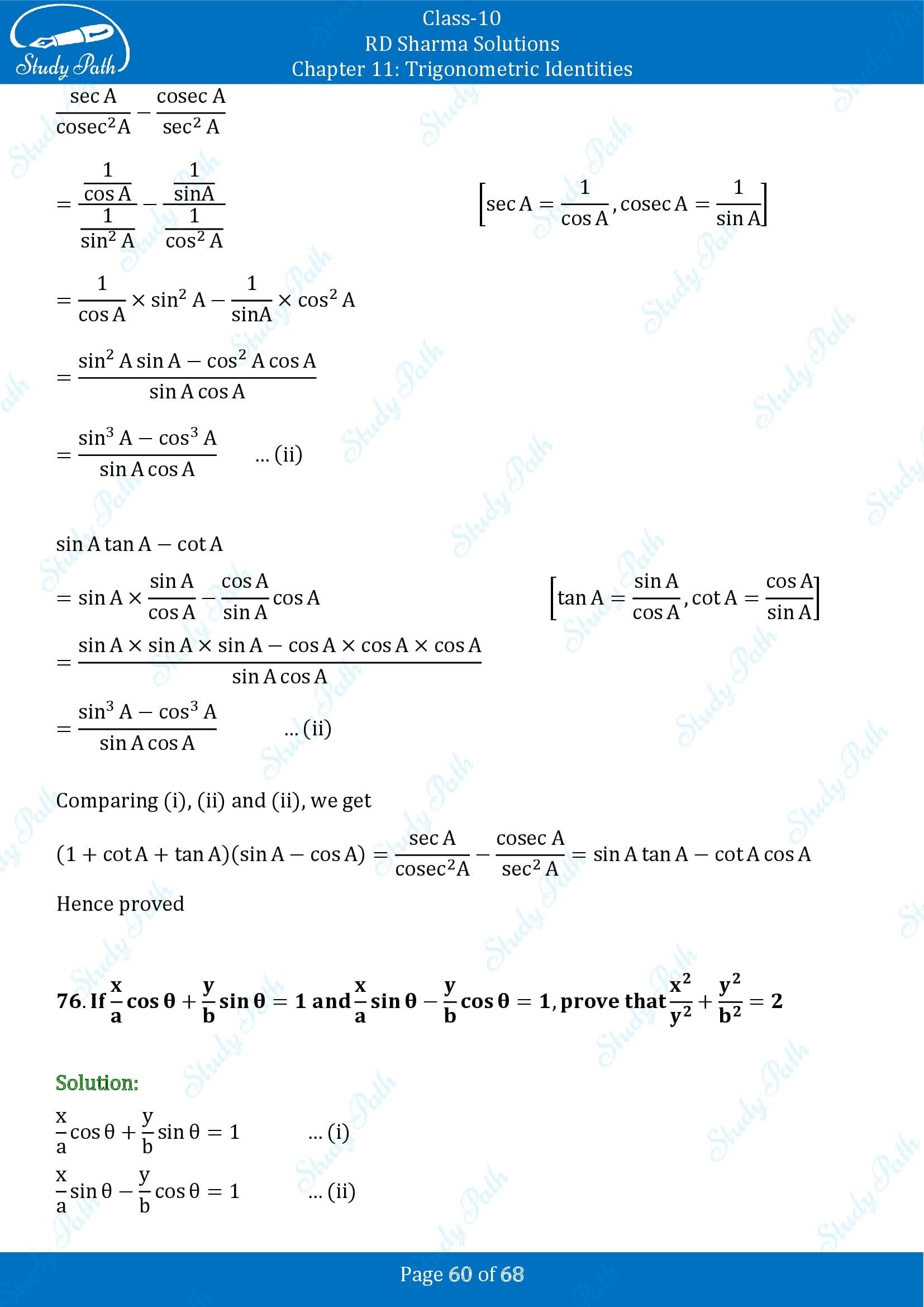 RD Sharma Solutions Class 10 Chapter 11 Trigonometric Identities Exercise 11.1 00060
