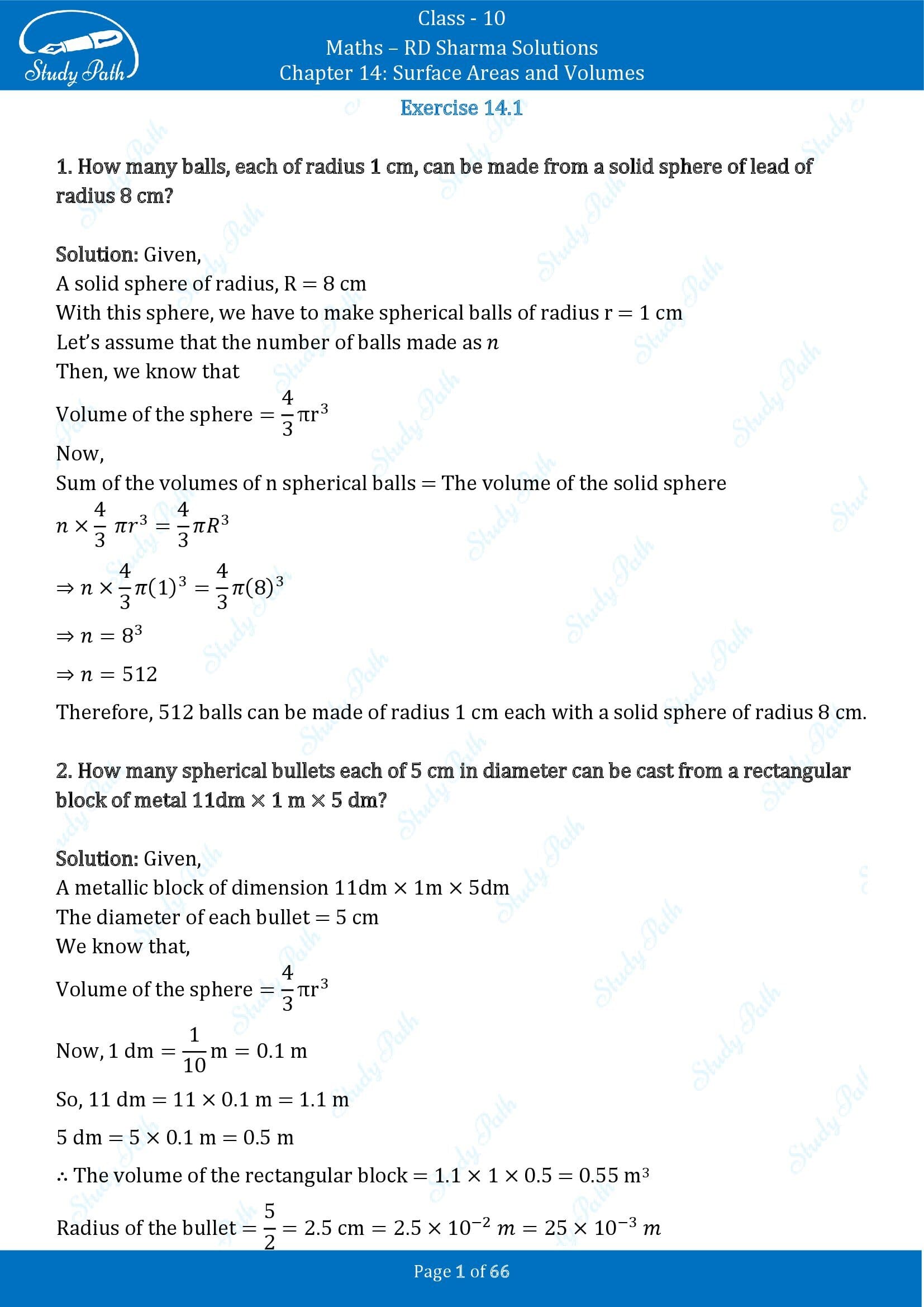 RD Sharma Solutions Class 10 Chapter 14 Surface Areas and Volumes Exercise 14.1 00001