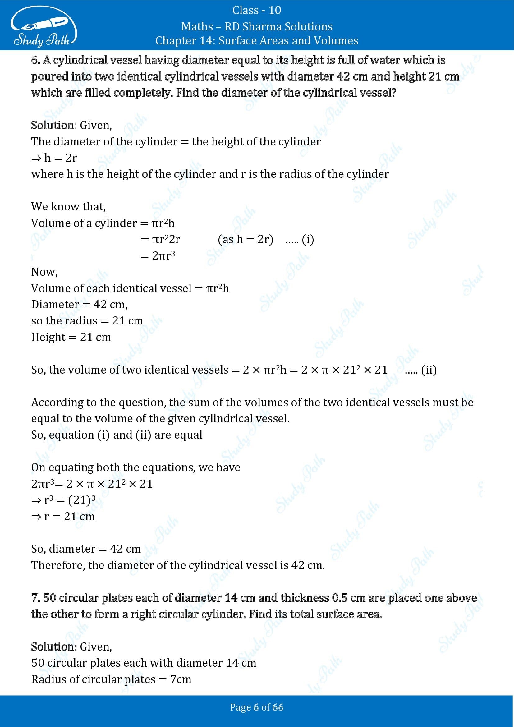 RD Sharma Solutions Class 10 Chapter 14 Surface Areas and Volumes Exercise 14.1 00006