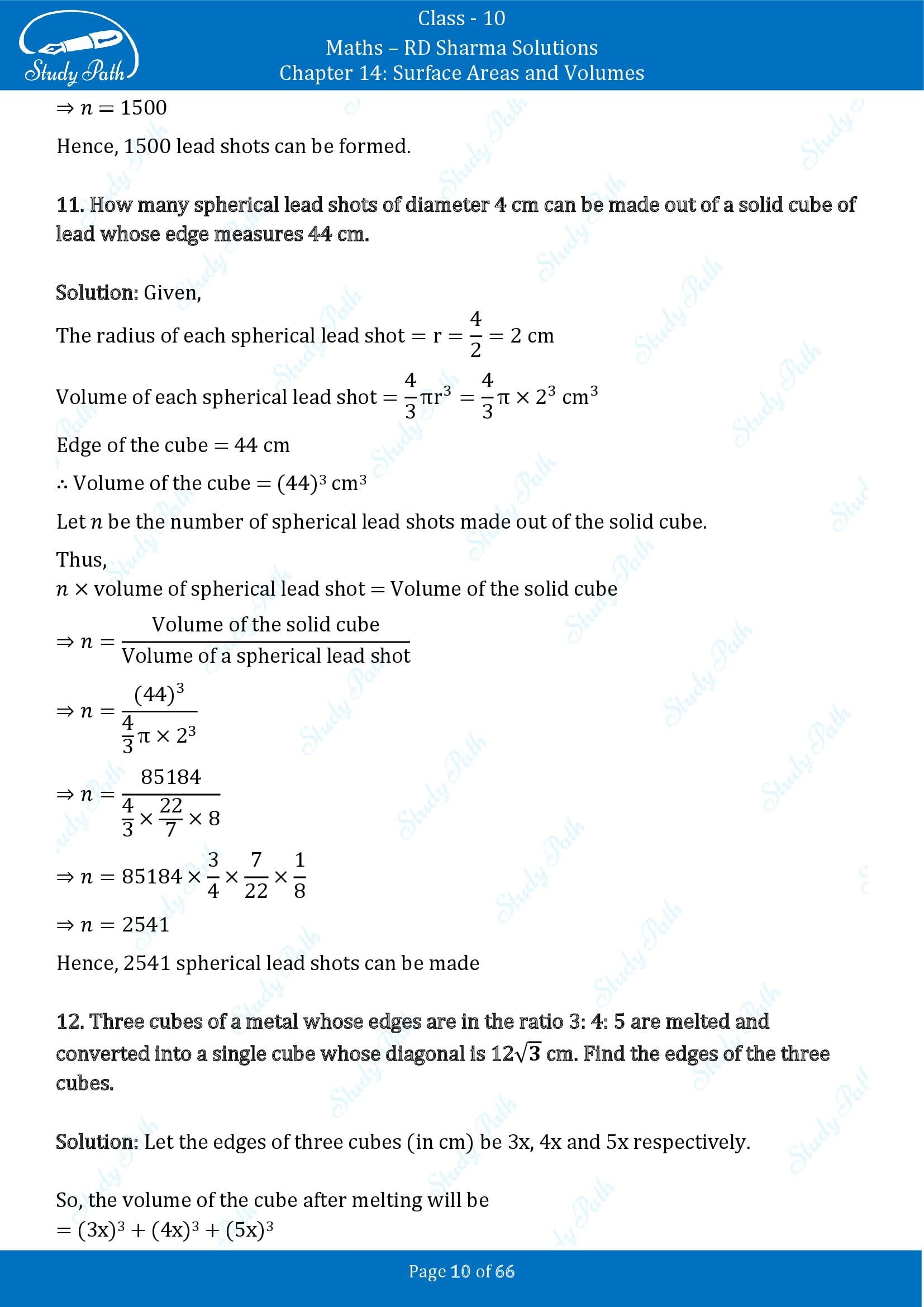 RD Sharma Solutions Class 10 Chapter 14 Surface Areas and Volumes Exercise 14.1 00010
