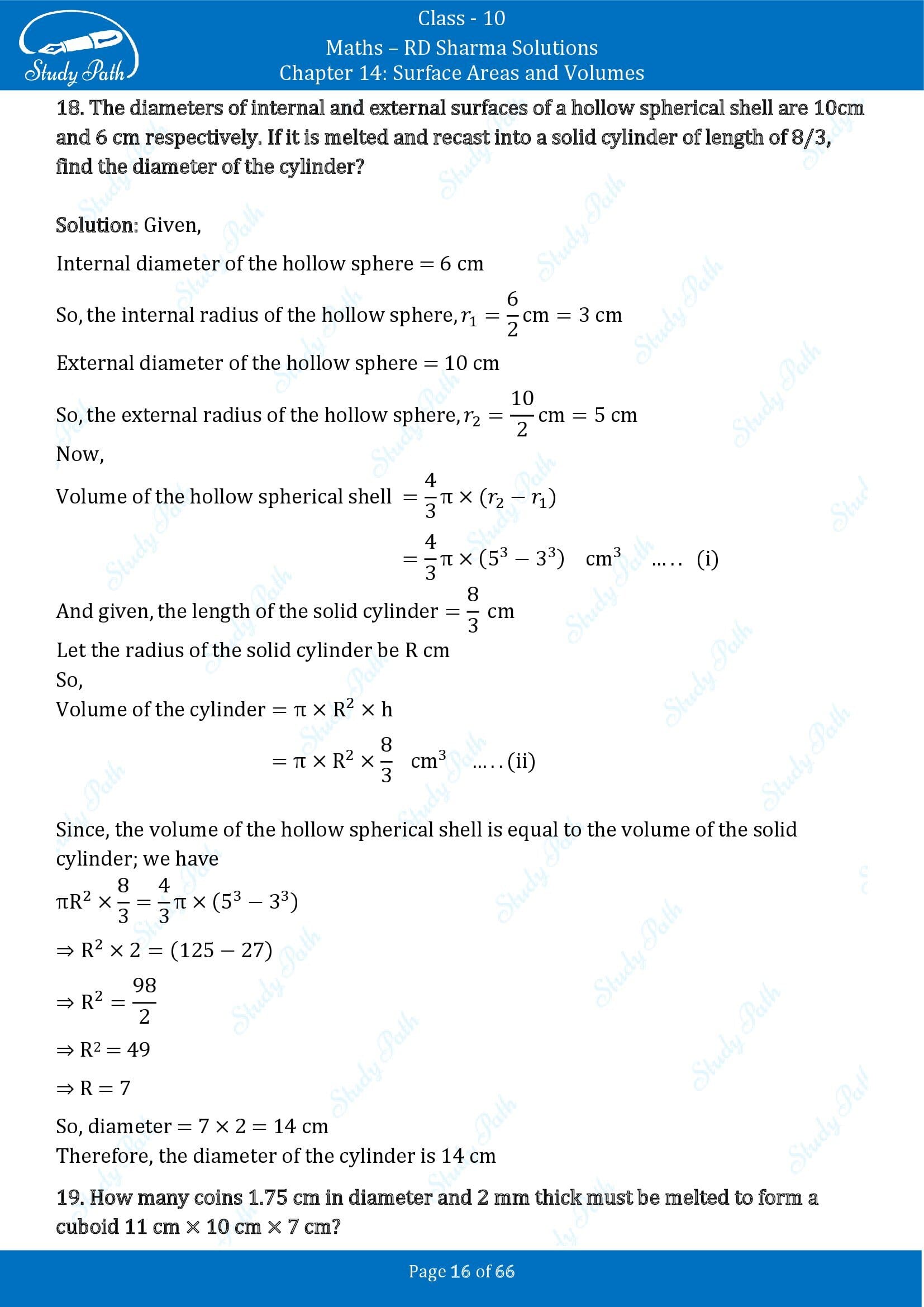 RD Sharma Solutions Class 10 Chapter 14 Surface Areas and Volumes Exercise 14.1 00016