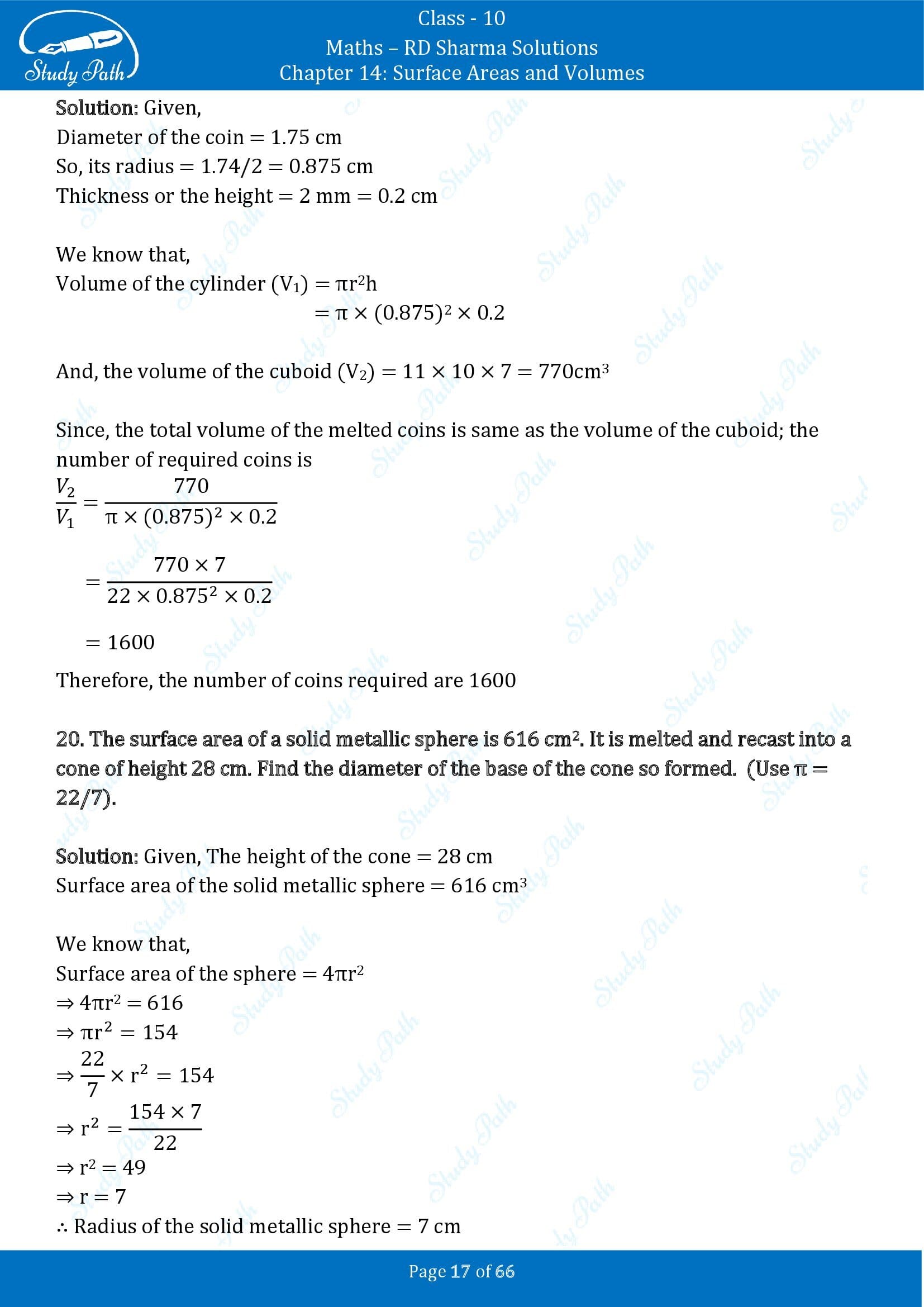 RD Sharma Solutions Class 10 Chapter 14 Surface Areas and Volumes Exercise 14.1 00017