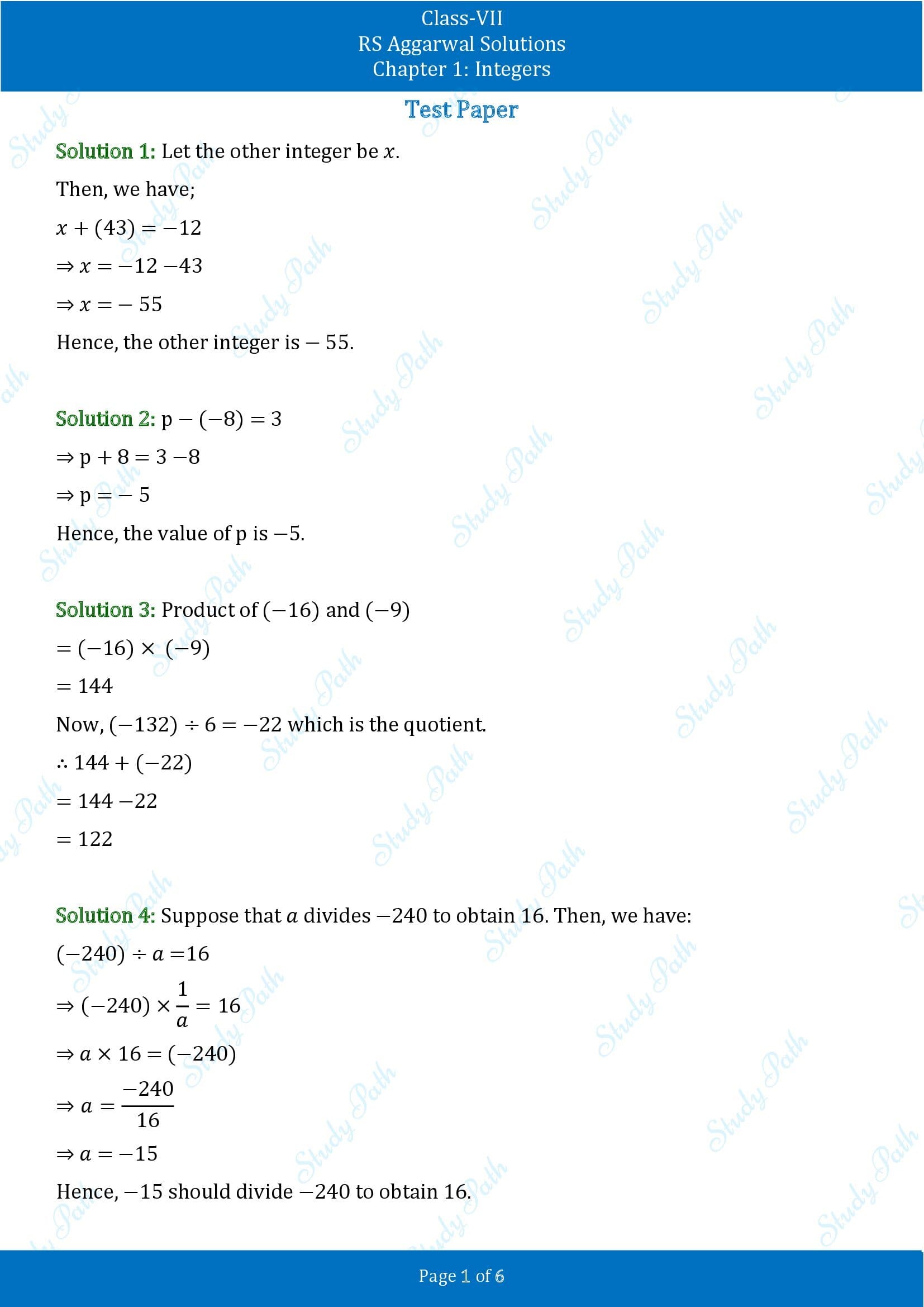 RS Aggarwal Solutions Class 7 Chapter 1 Integers Test Paper 00001