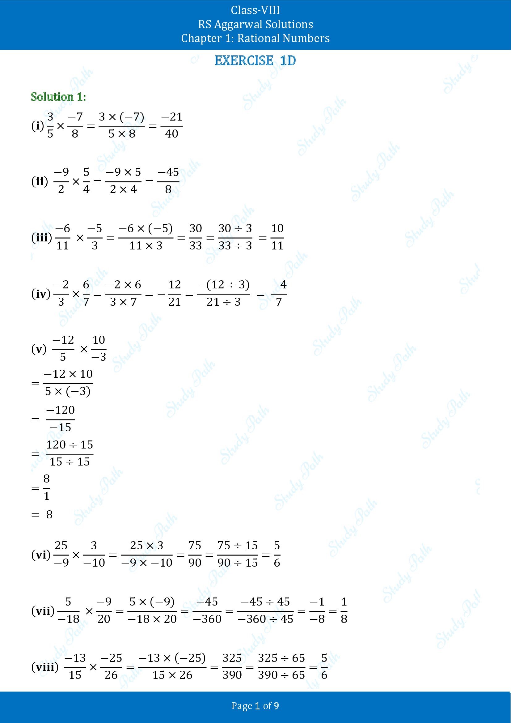 RS Aggarwal Solutions Class 8 Chapter 1 Rational Numbers Exercise 1D 00001