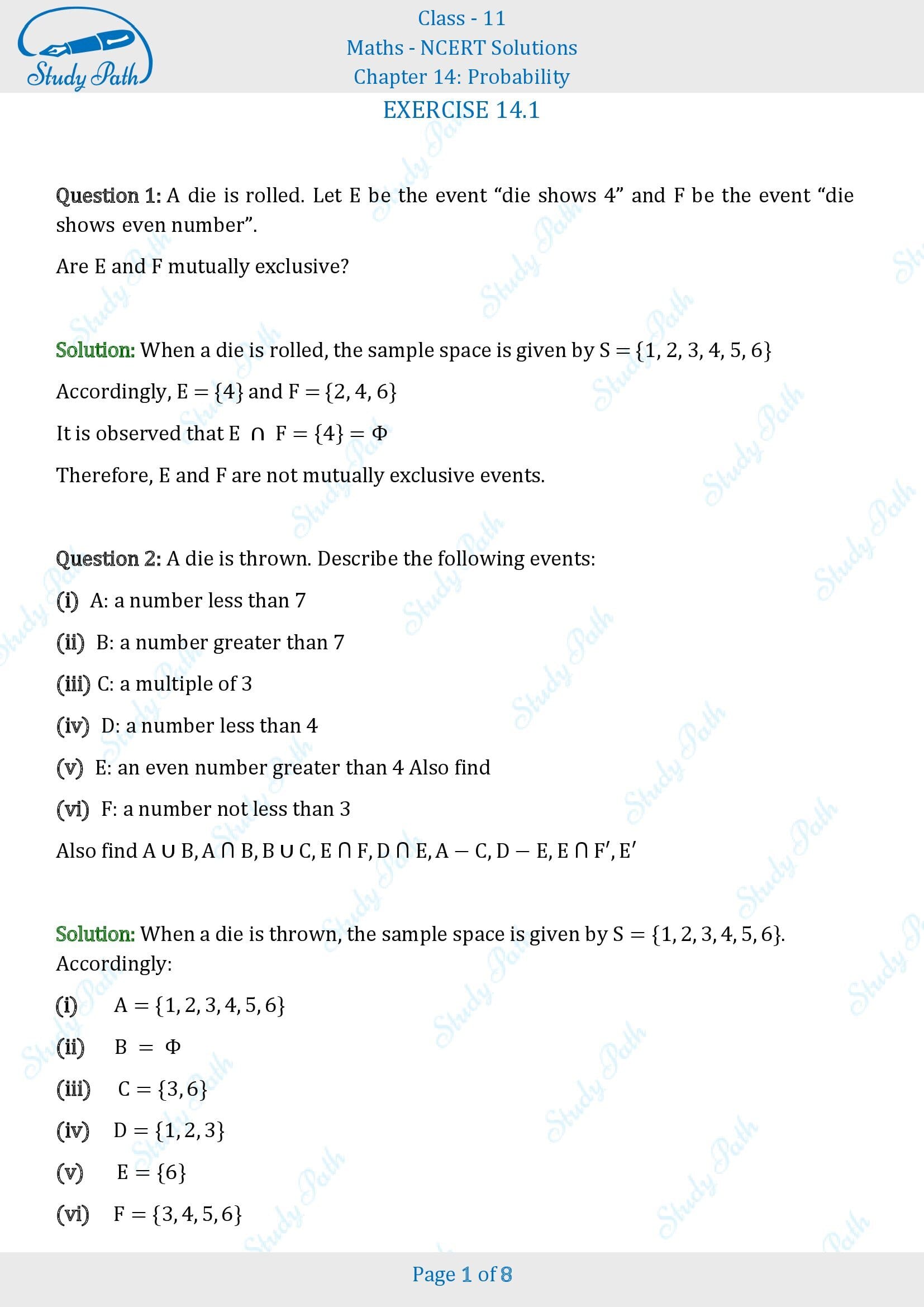 NCERT Solutions for Class 11 Maths Chapter 14 Probability Exercise 14.1 00001
