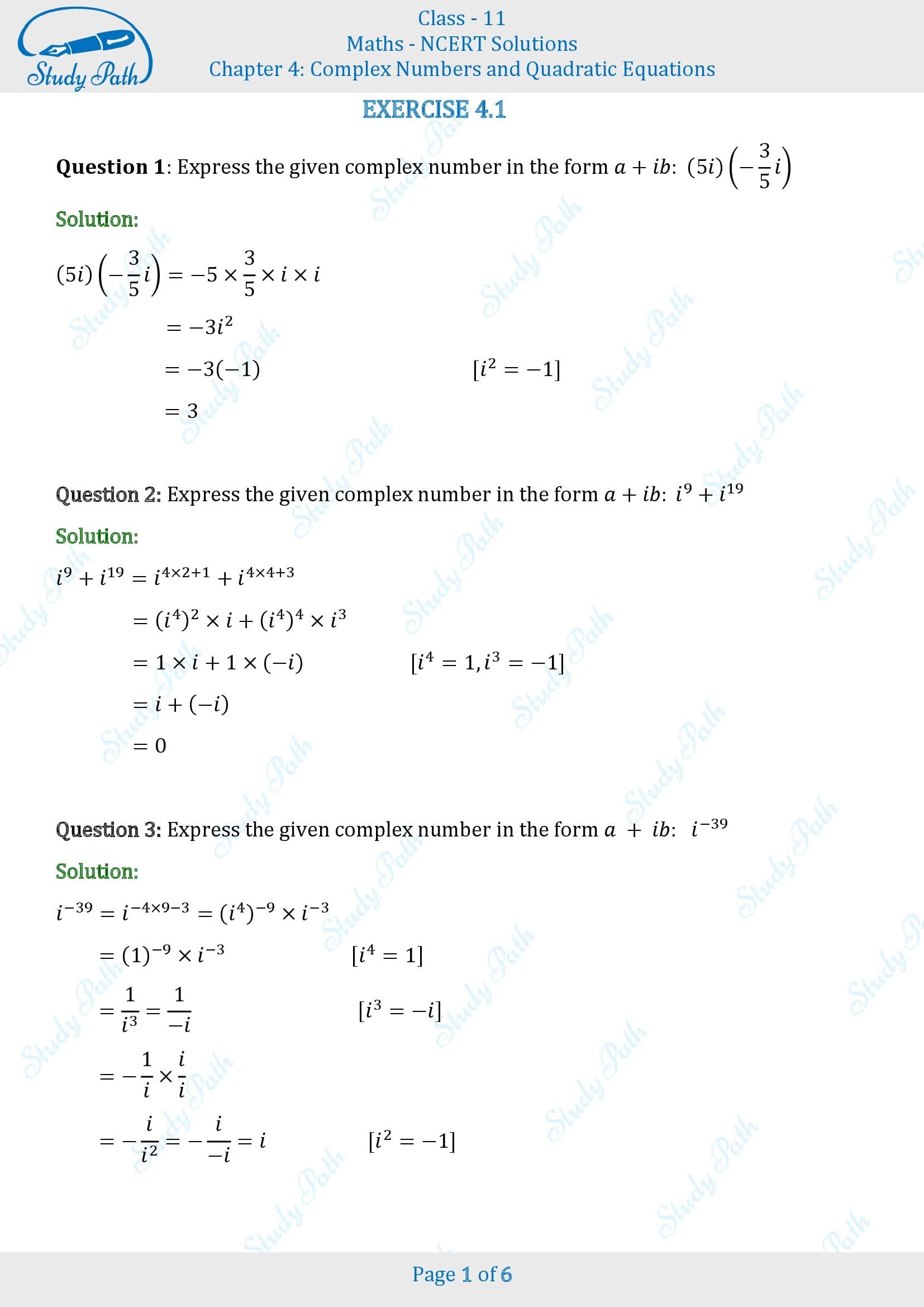 NCERT Solutions for Class 11 Maths Chapter 4 Complex Numbers and Quadratic Equations Exercise 4.1 00001