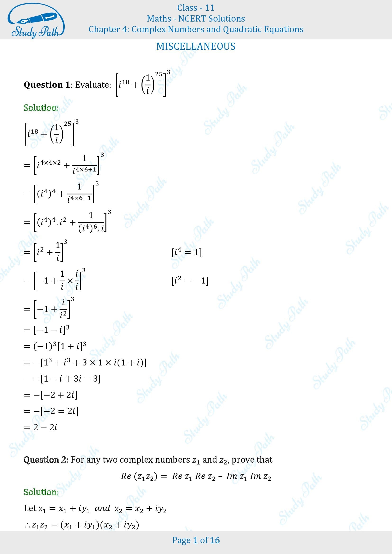 NCERT Solutions for Class 11 Maths Chapter 4 Complex Numbers and Quadratic Equations Miscellaneous 4 00001