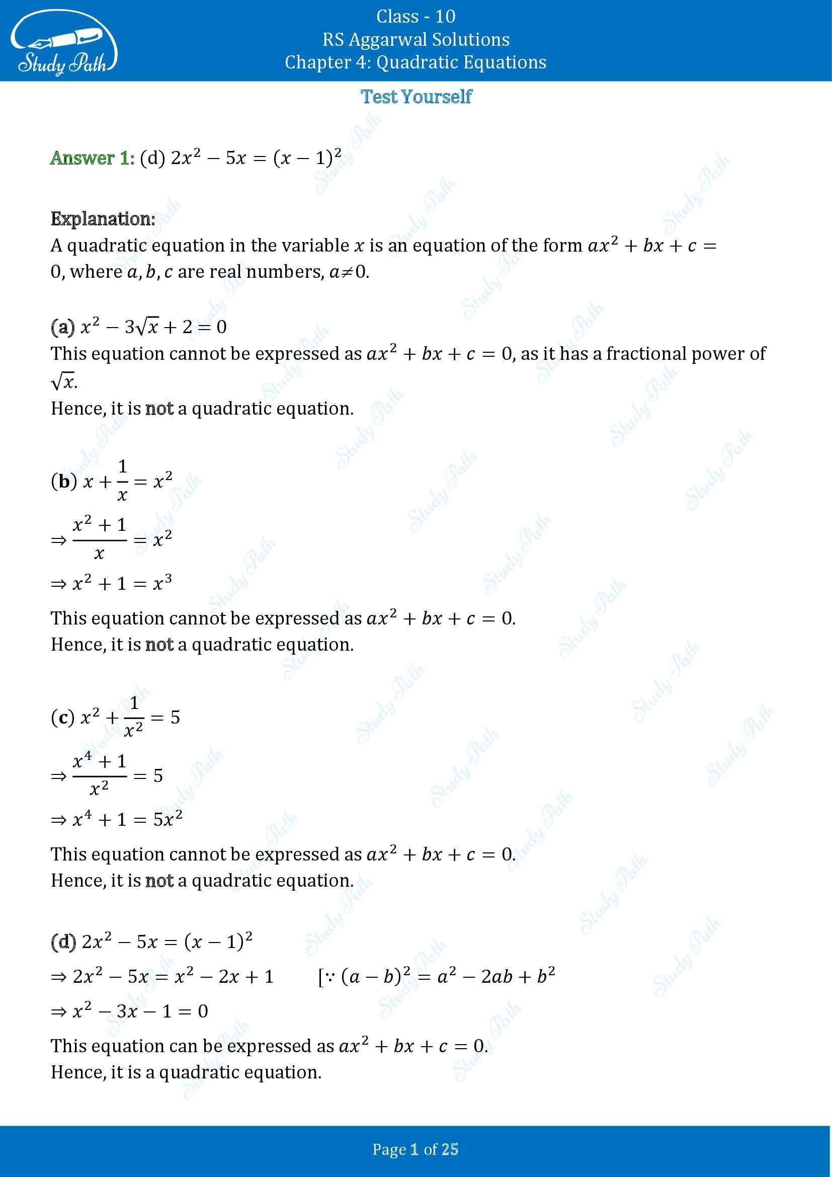 RS Aggarwal Solutions for Class 10 Chapter 4 Quadratic Equations Test Yourself 4 00001