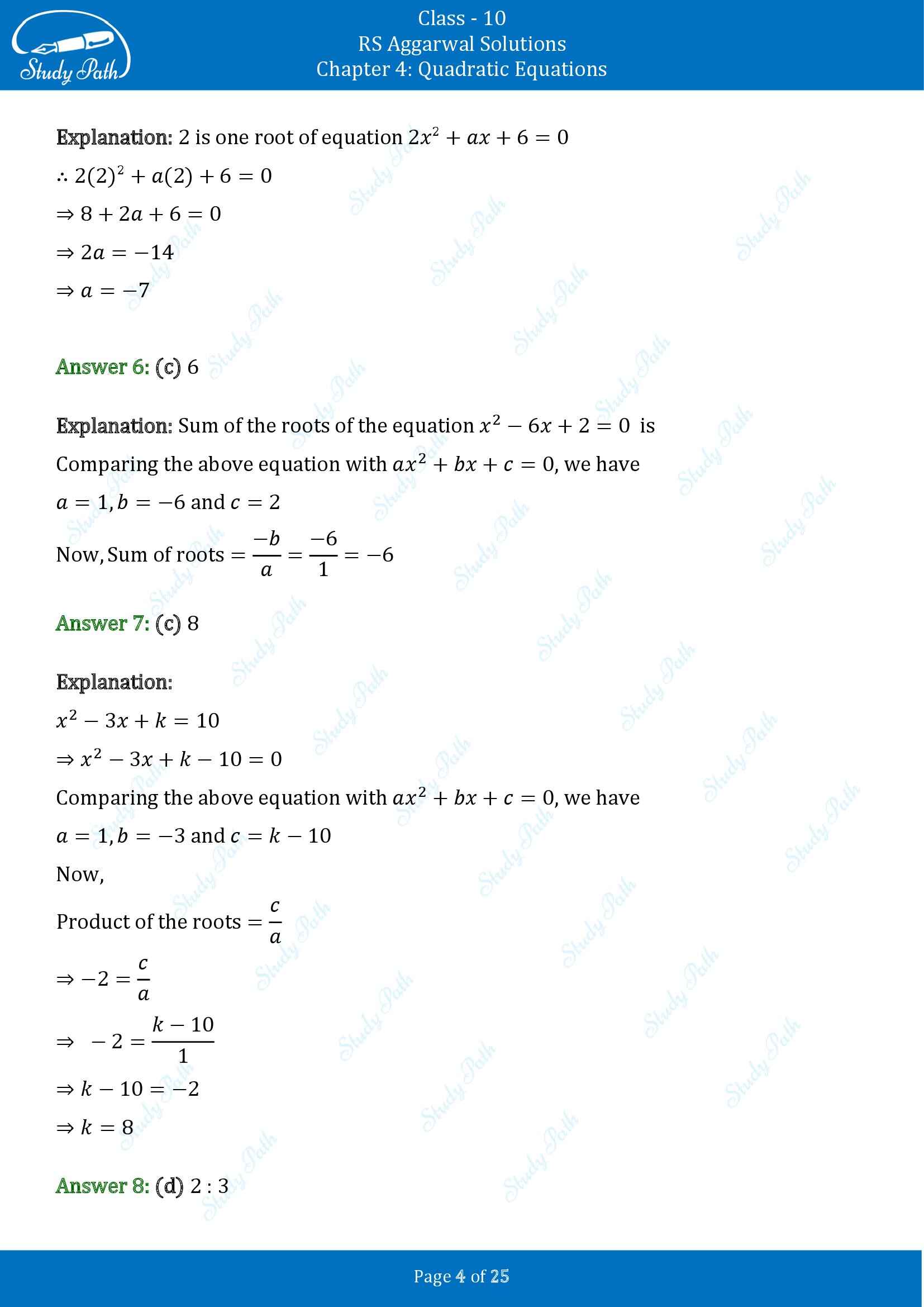 RS Aggarwal Solutions for Class 10 Chapter 4 Quadratic Equations Test Yourself 4 00004