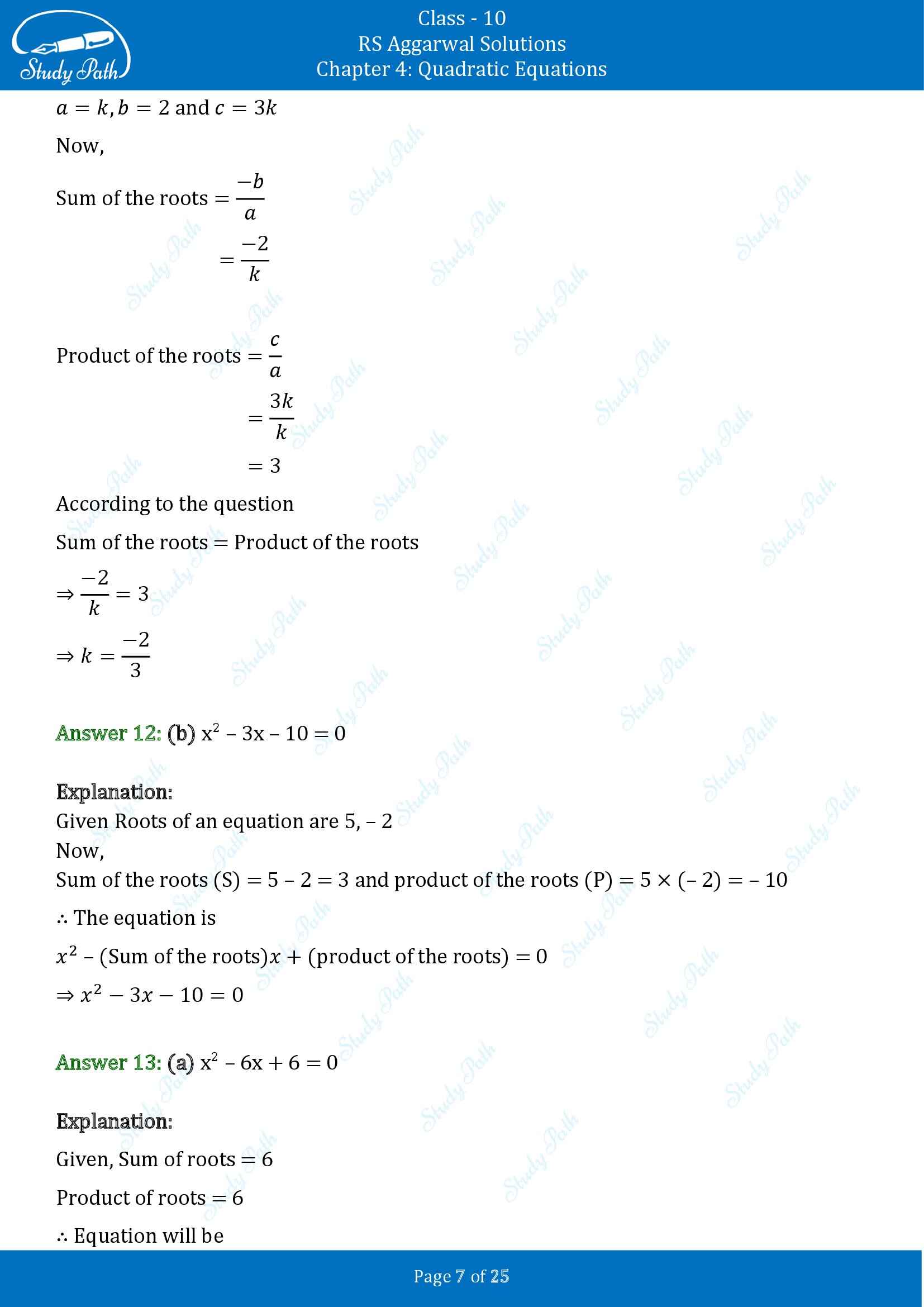 RS Aggarwal Solutions for Class 10 Chapter 4 Quadratic Equations Test Yourself 4 00007