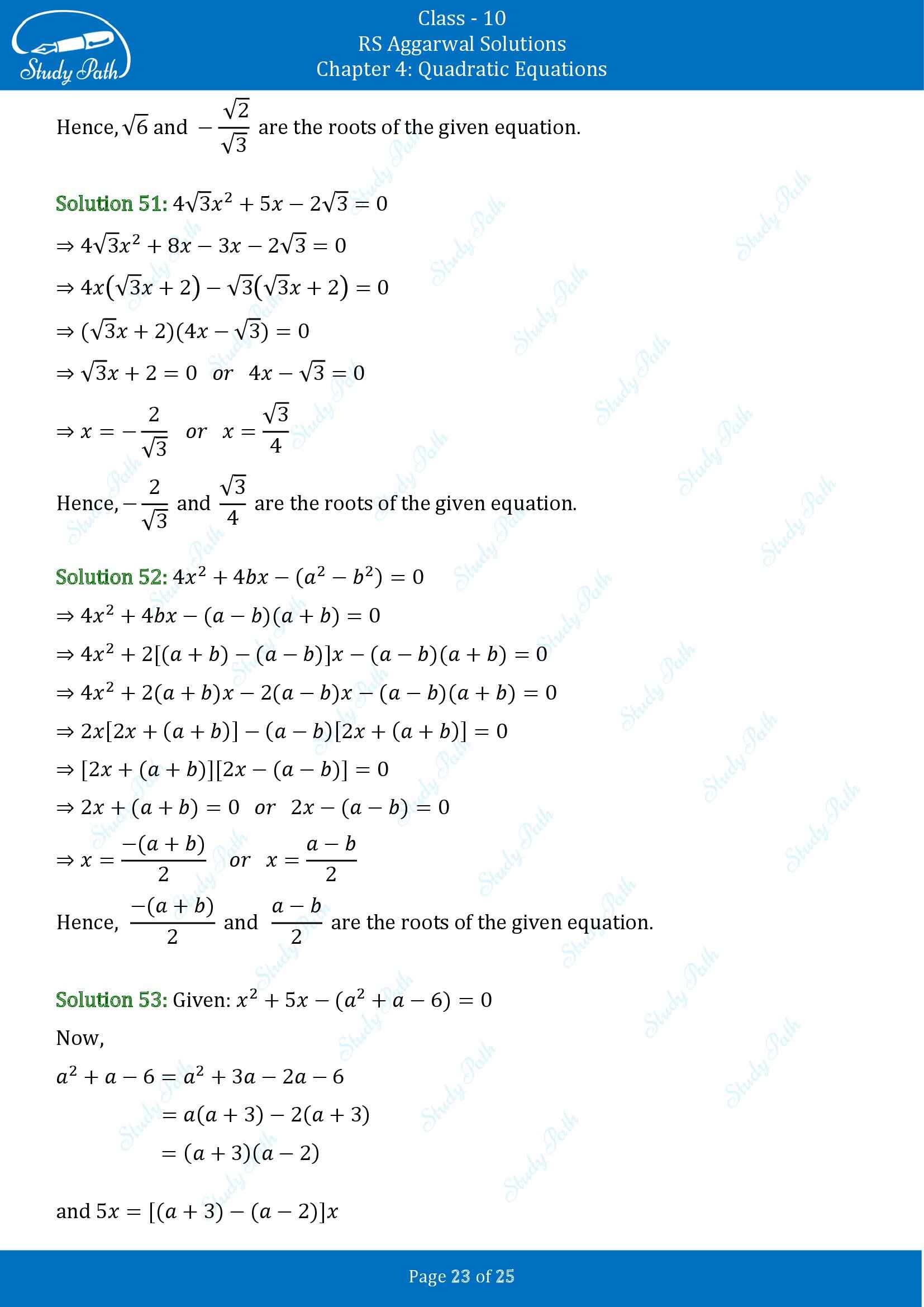 RS Aggarwal Solutions for Class 10 Chapter 4 Quadratic Equations Test Yourself 4 00023
