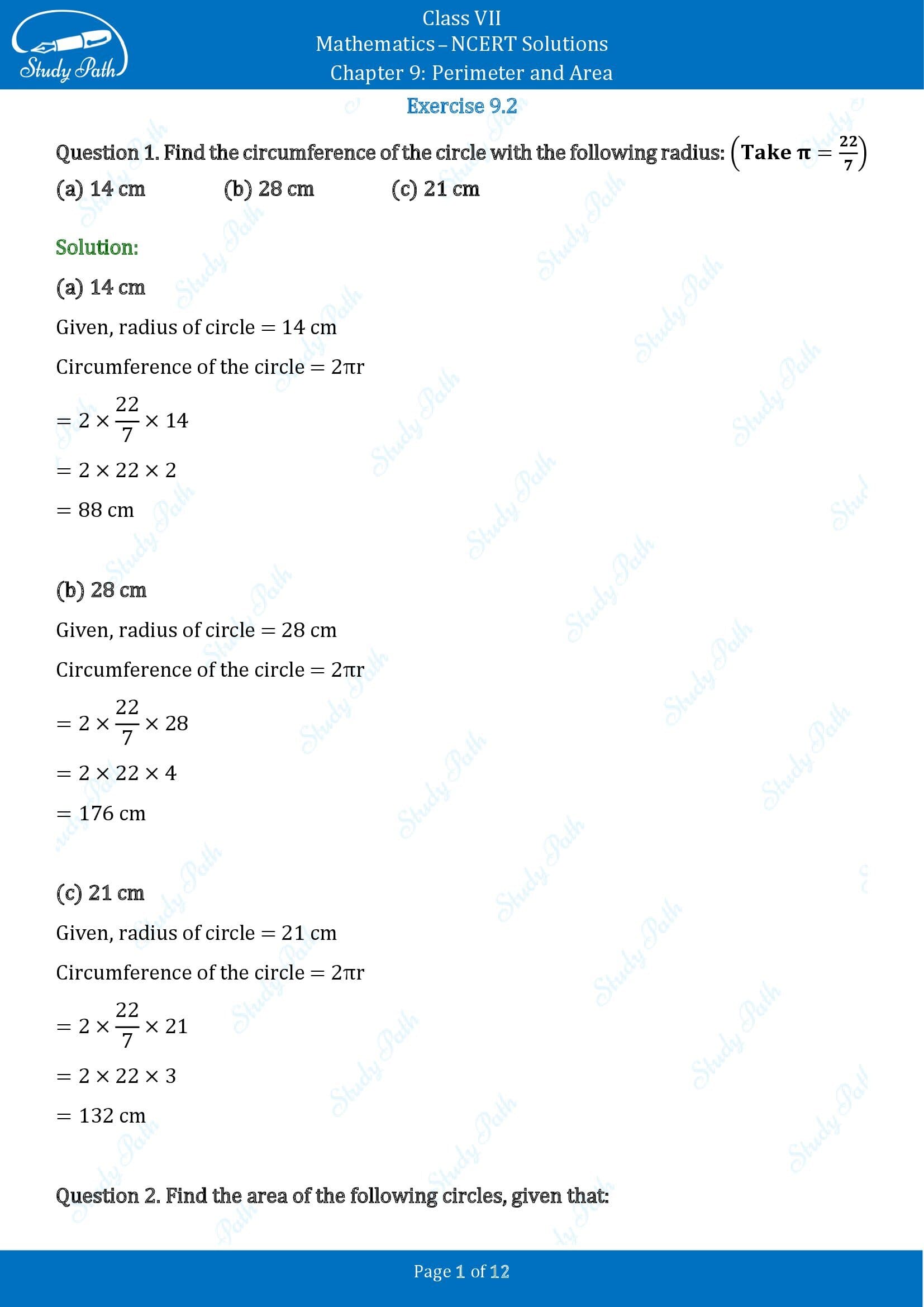 NCERT Solutions for Class 7 Maths Chapter 9 Perimeter and Area Exercise 9.2 00001