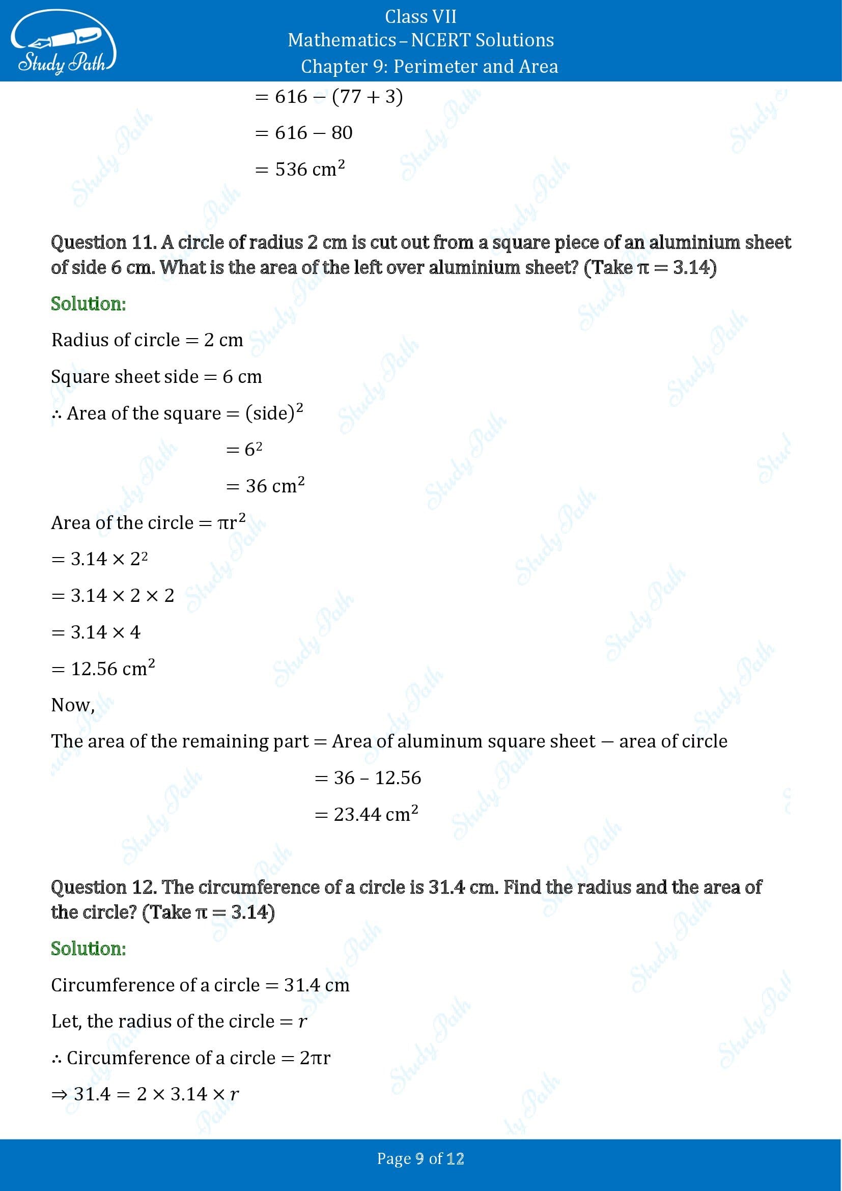 NCERT Solutions for Class 7 Maths Chapter 9 Perimeter and Area Exercise 9.2 00009