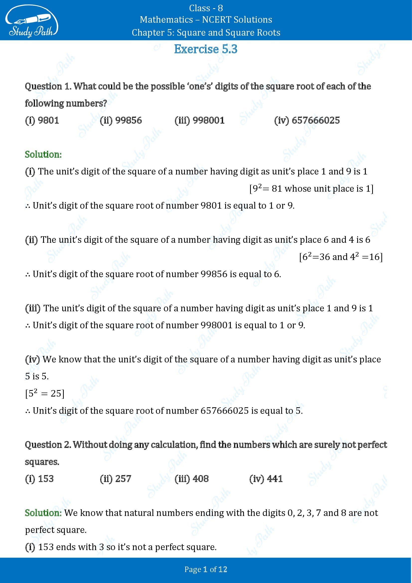 NCERT Solutions for Class 8 Maths Chapter 5 Squares and Square Roots Exercise 5.3 00001