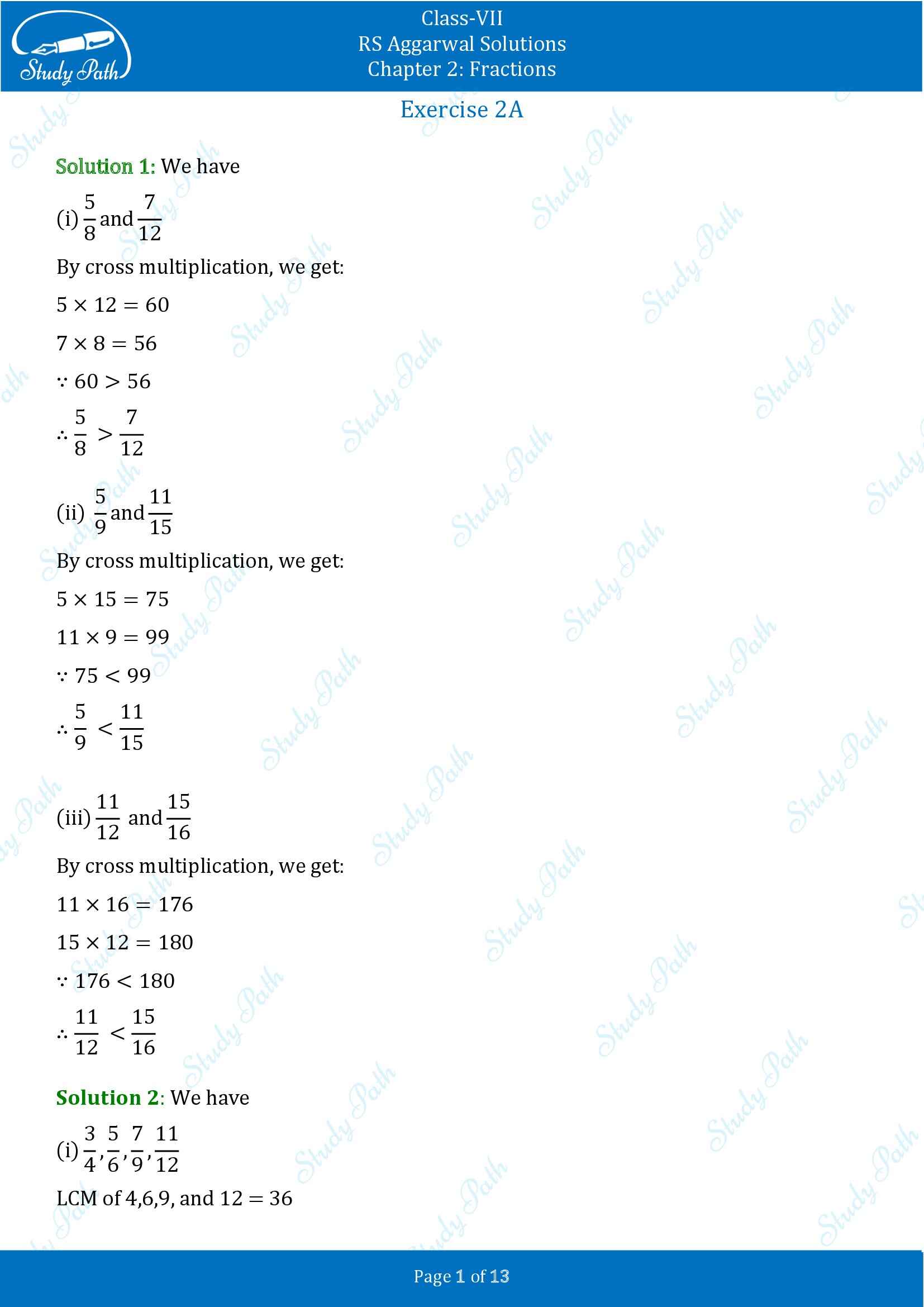 RS Aggarwal Solutions Class 7 Chapter 2 Fractions Exercise 2A 00001