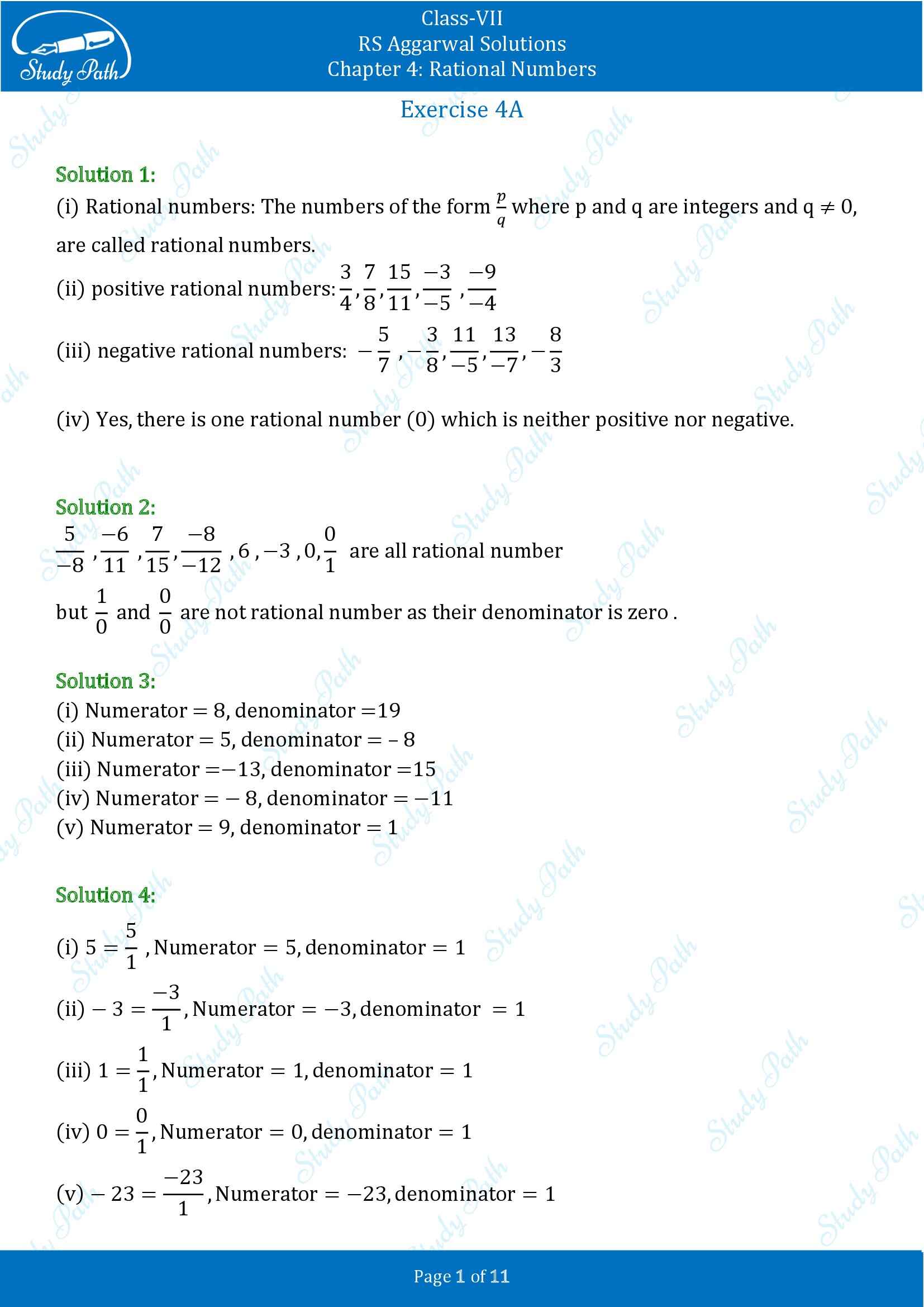 RS Aggarwal Solutions Class 7 Chapter 4 Rational Numbers Exercise 4A 00001