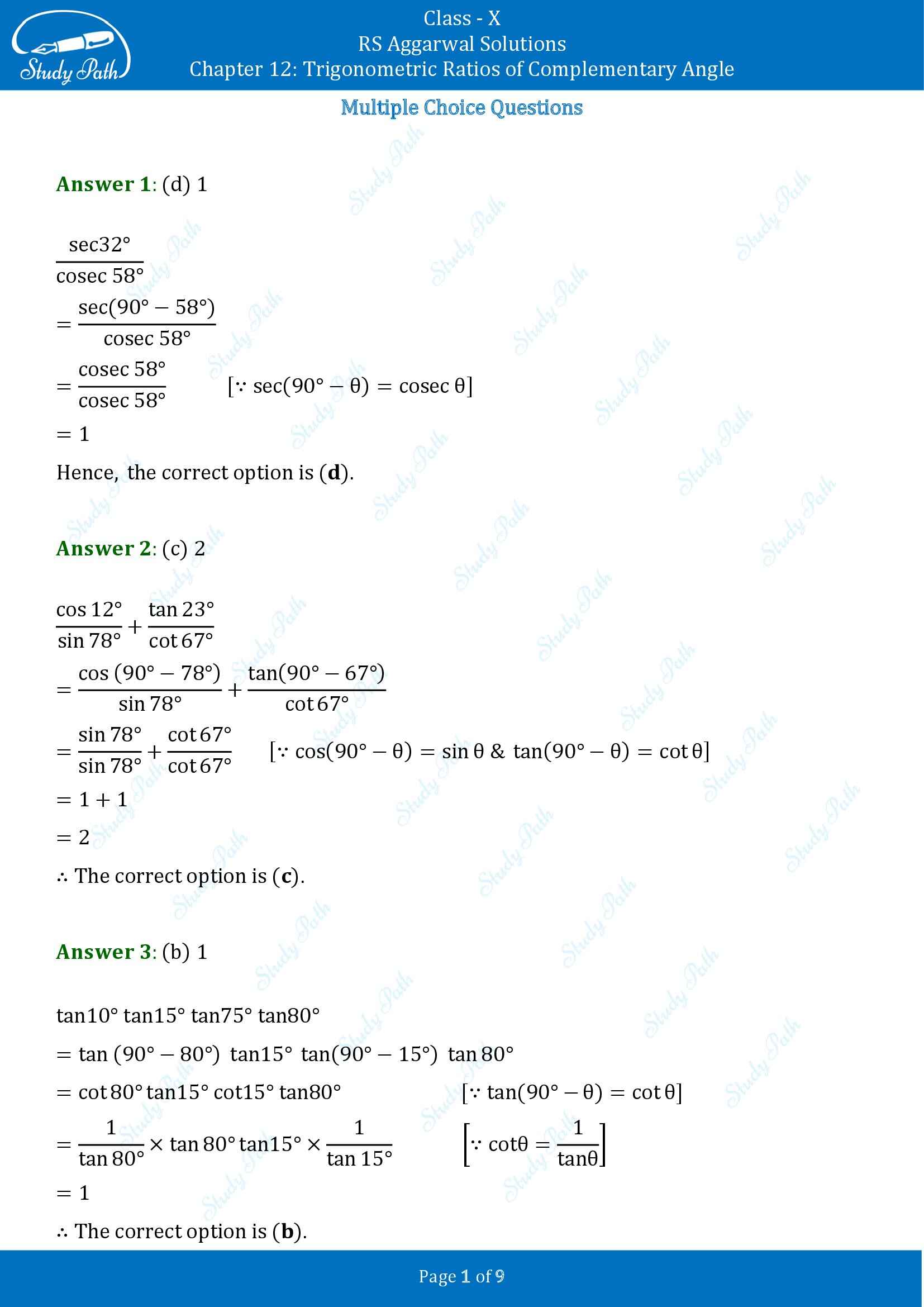 RS Aggarwal Solutions for Class 10 Chapter 12 Trigonometric Ratios of Some Complementary Angles Multiple Choice Questions 00001