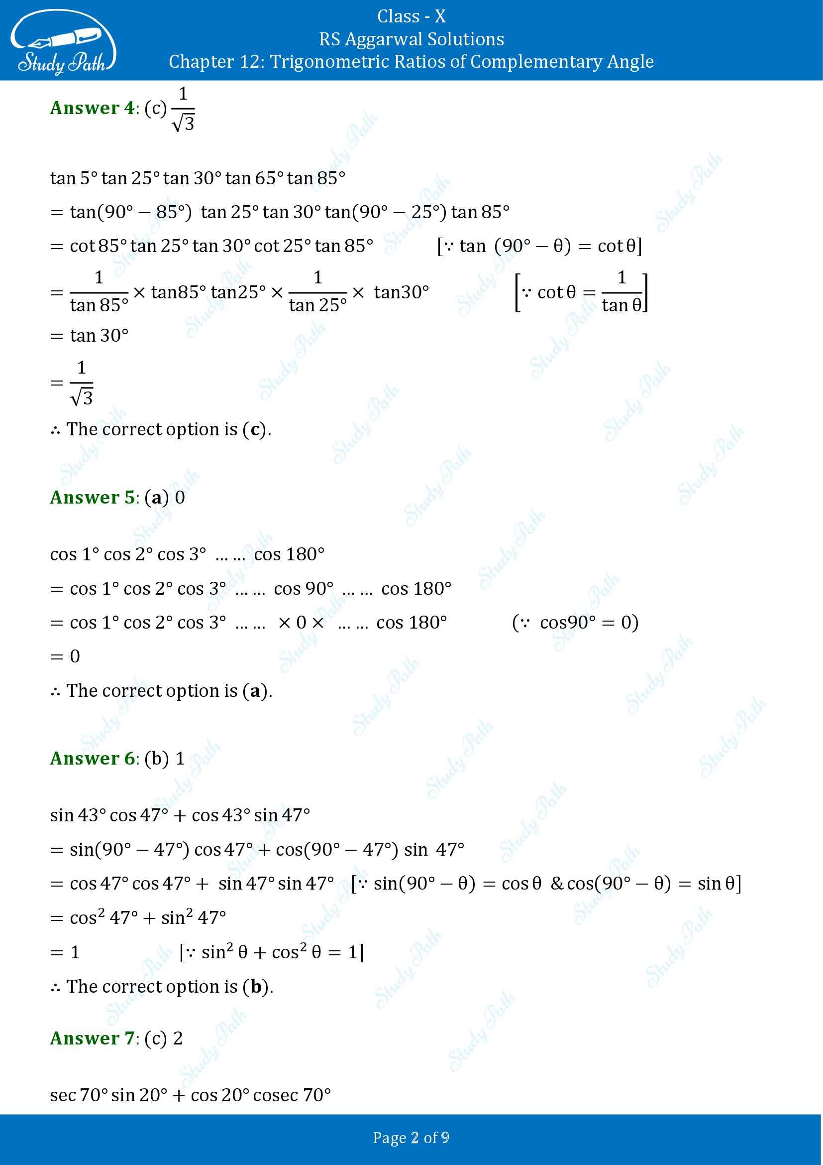 RS Aggarwal Solutions for Class 10 Chapter 12 Trigonometric Ratios of Some Complementary Angles Multiple Choice Questions 00002