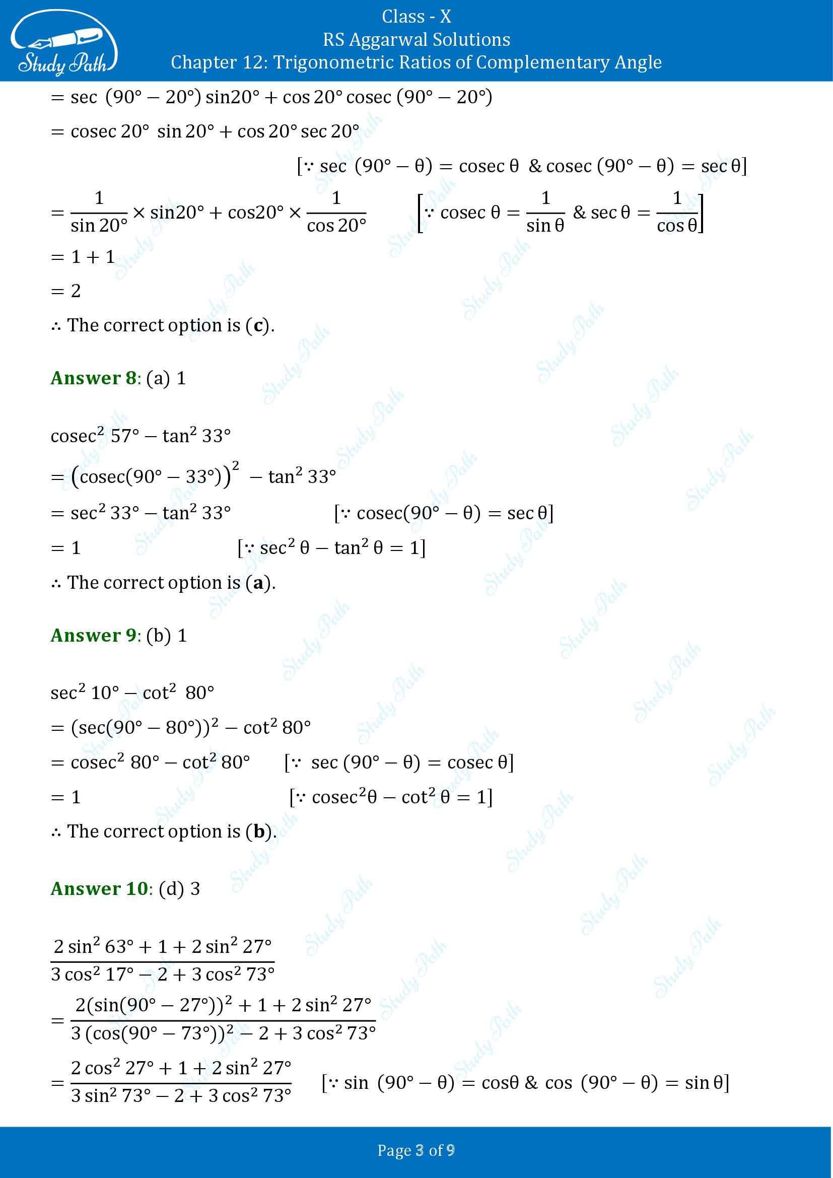 RS Aggarwal Solutions for Class 10 Chapter 12 Trigonometric Ratios of Some Complementary Angles Multiple Choice Questions 00003