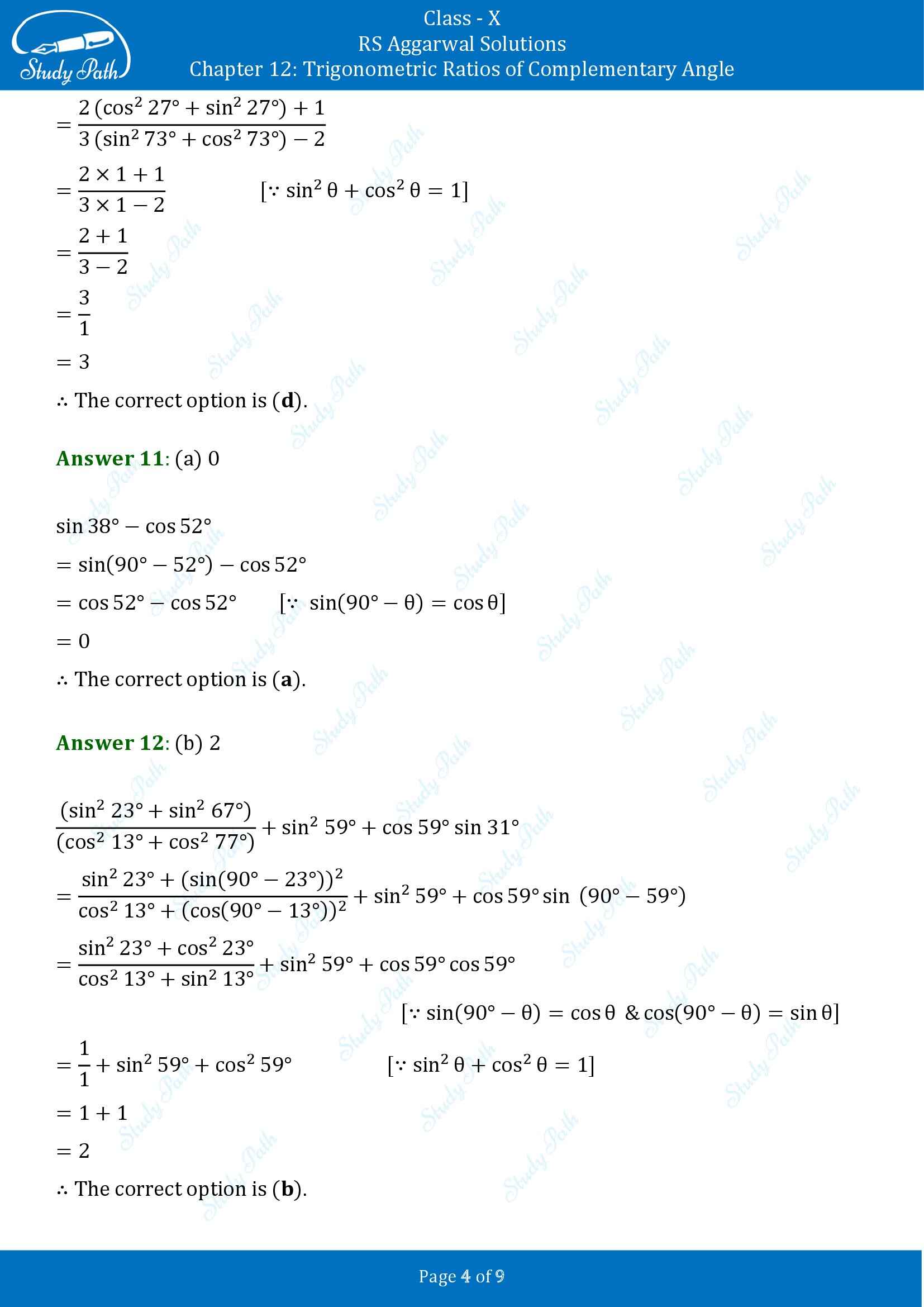 RS Aggarwal Solutions for Class 10 Chapter 12 Trigonometric Ratios of Some Complementary Angles Multiple Choice Questions 00004