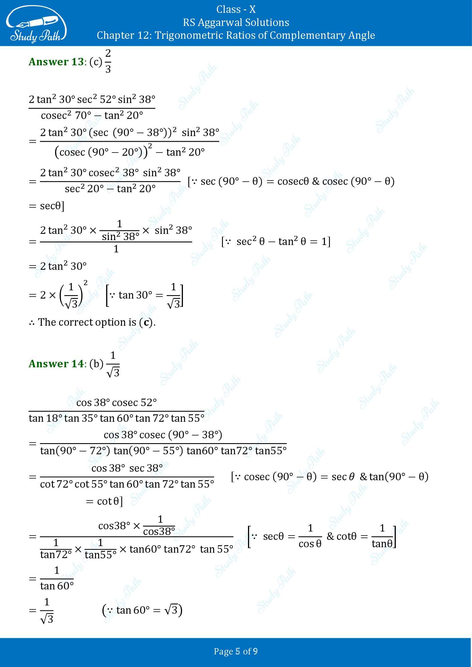 RS Aggarwal Solutions for Class 10 Chapter 12 Trigonometric Ratios of Some Complementary Angles Multiple Choice Questions 00005