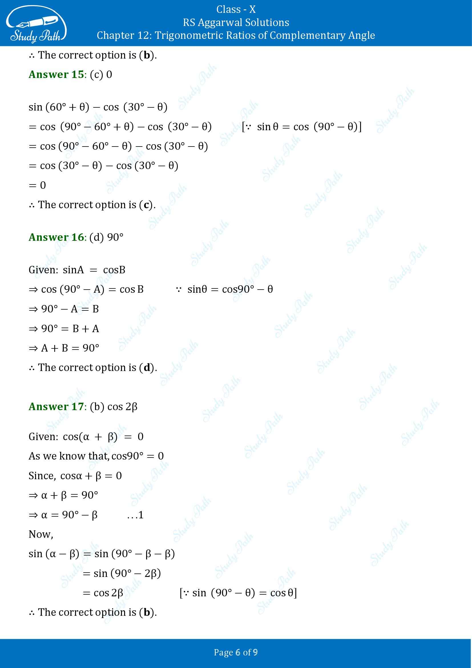RS Aggarwal Solutions for Class 10 Chapter 12 Trigonometric Ratios of Some Complementary Angles Multiple Choice Questions 00006