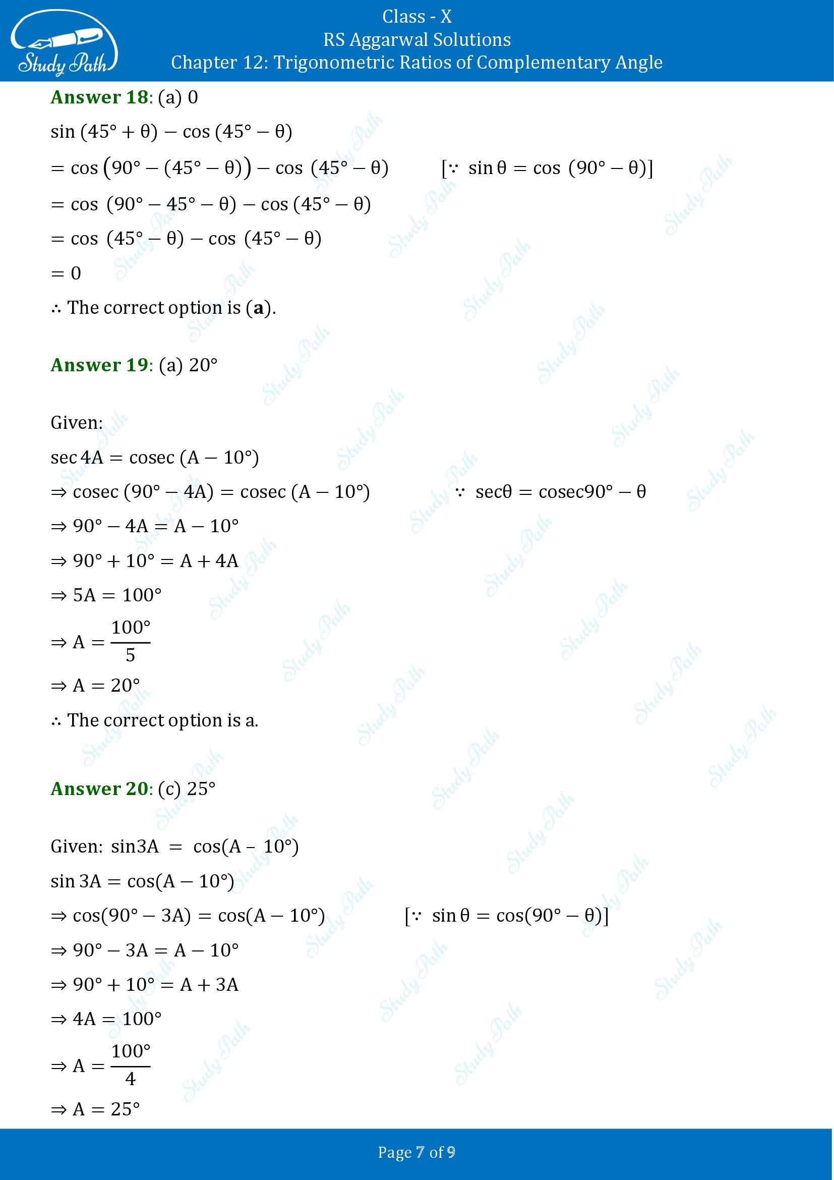 RS Aggarwal Solutions for Class 10 Chapter 12 Trigonometric Ratios of Some Complementary Angles Multiple Choice Questions 00007