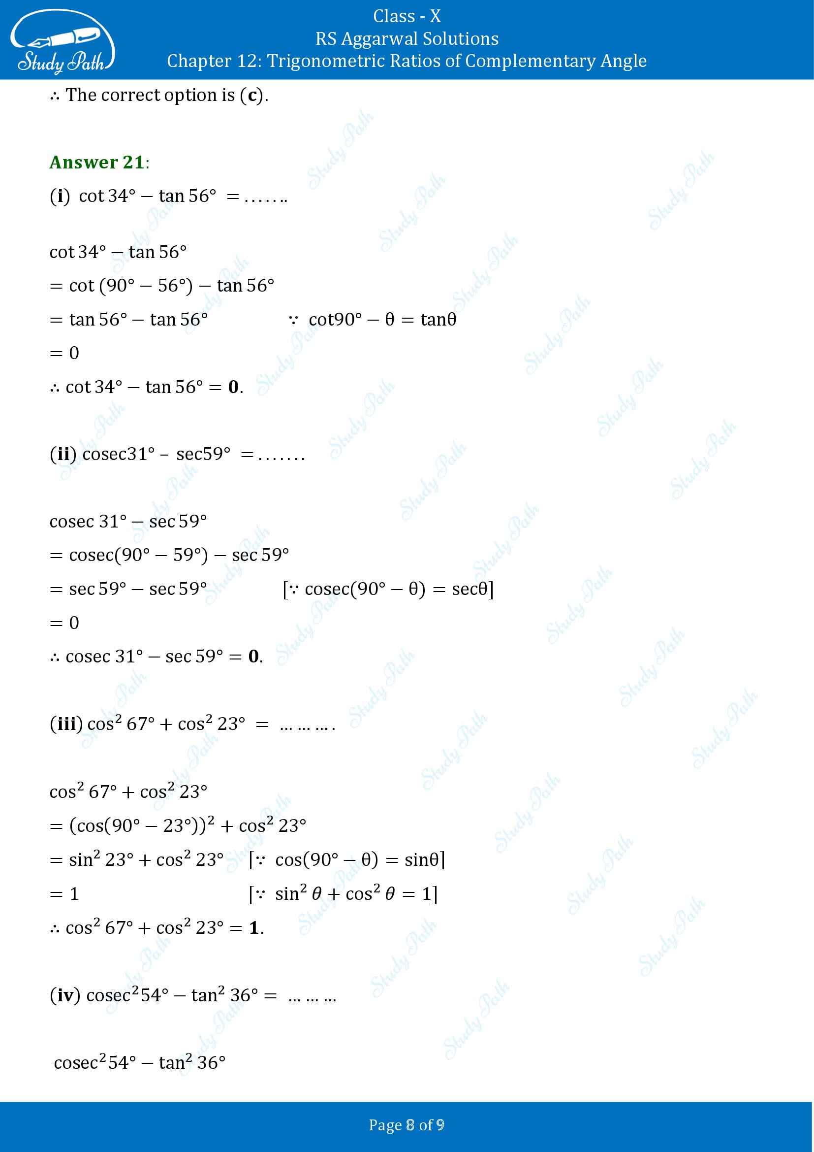 RS Aggarwal Solutions for Class 10 Chapter 12 Trigonometric Ratios of Some Complementary Angles Multiple Choice Questions 00008