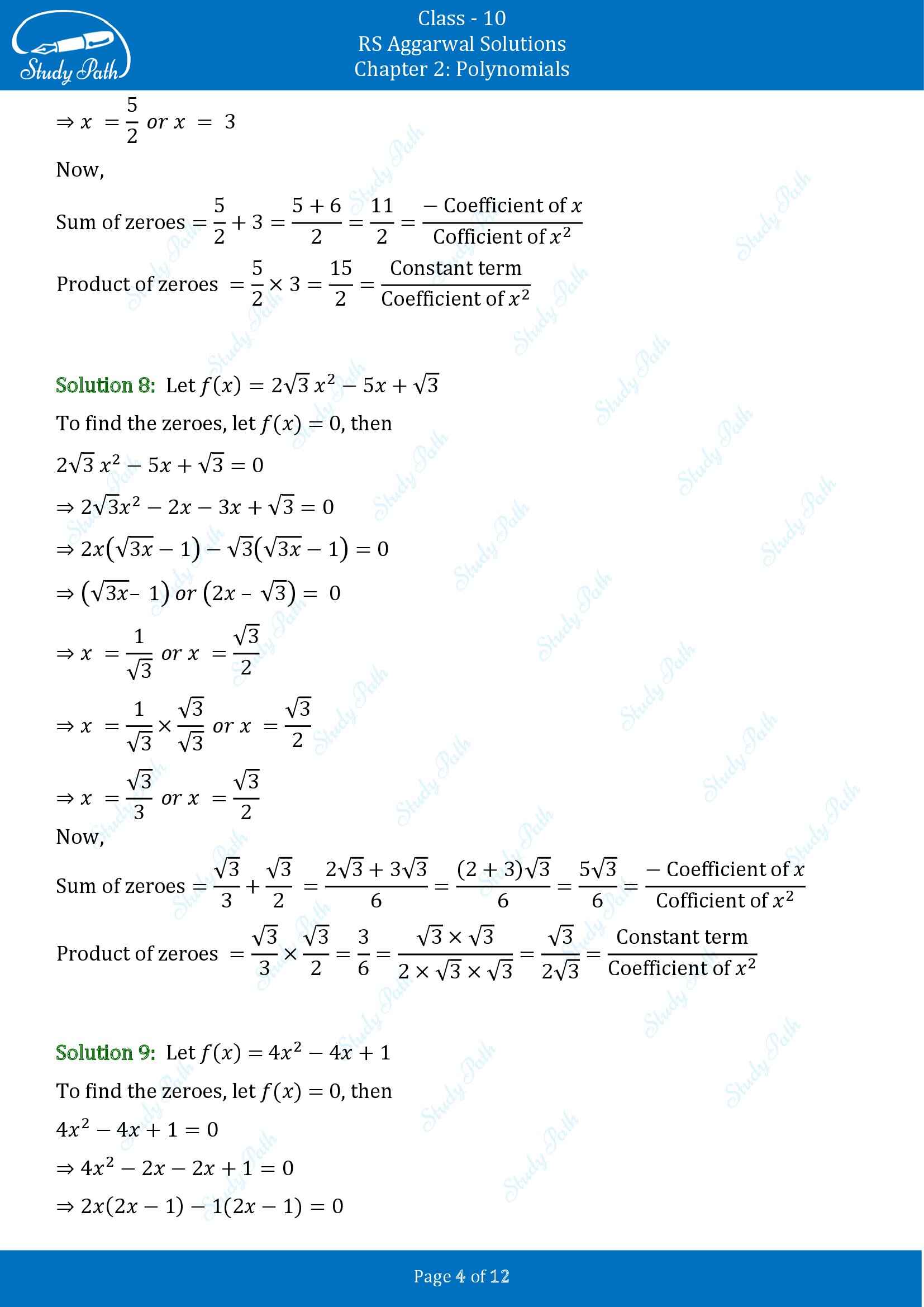 RS Aggarwal Solutions for Class 10 Chapter 2 Polynomials Exercise 2A 00004