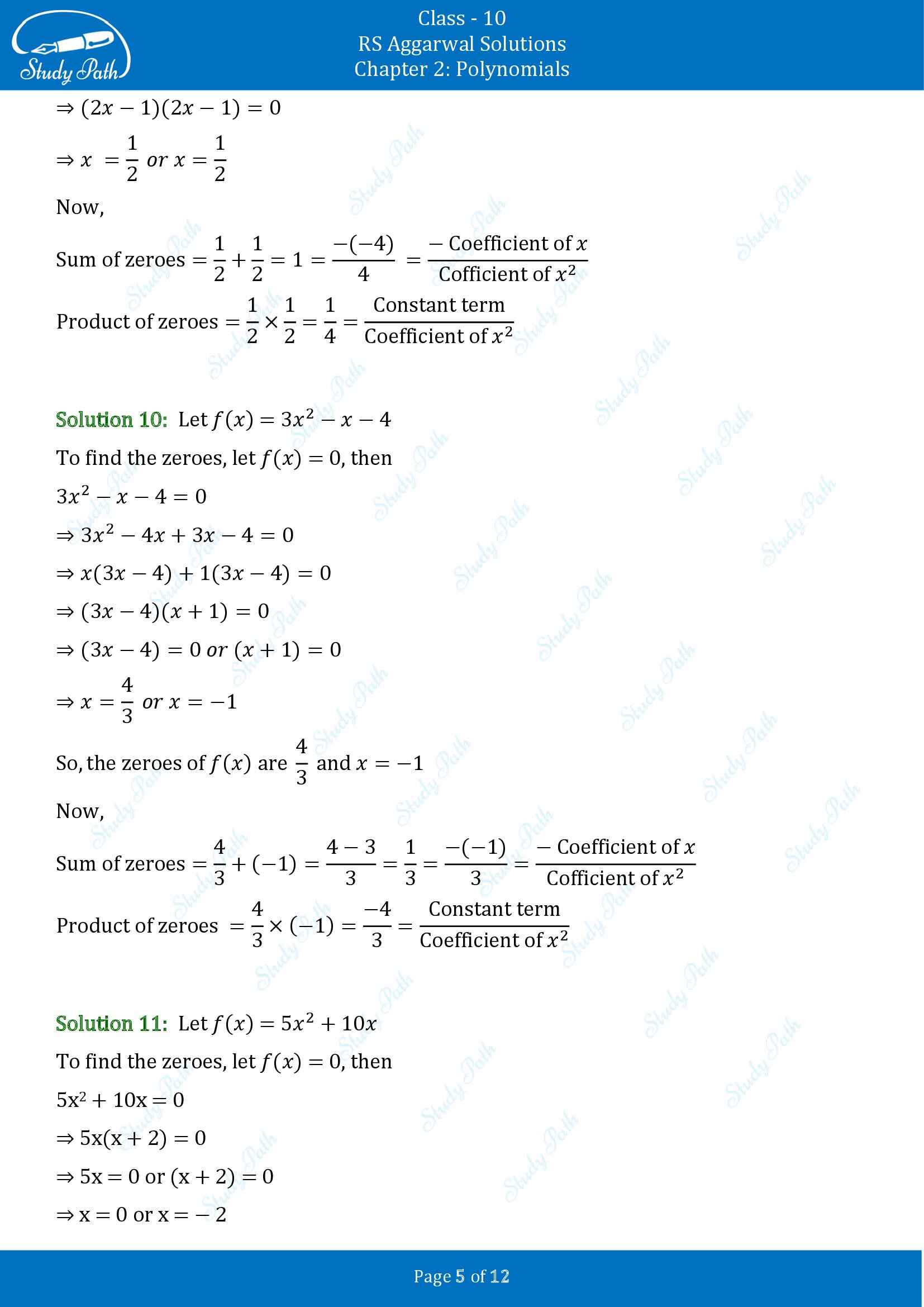 RS Aggarwal Solutions for Class 10 Chapter 2 Polynomials Exercise 2A 00005