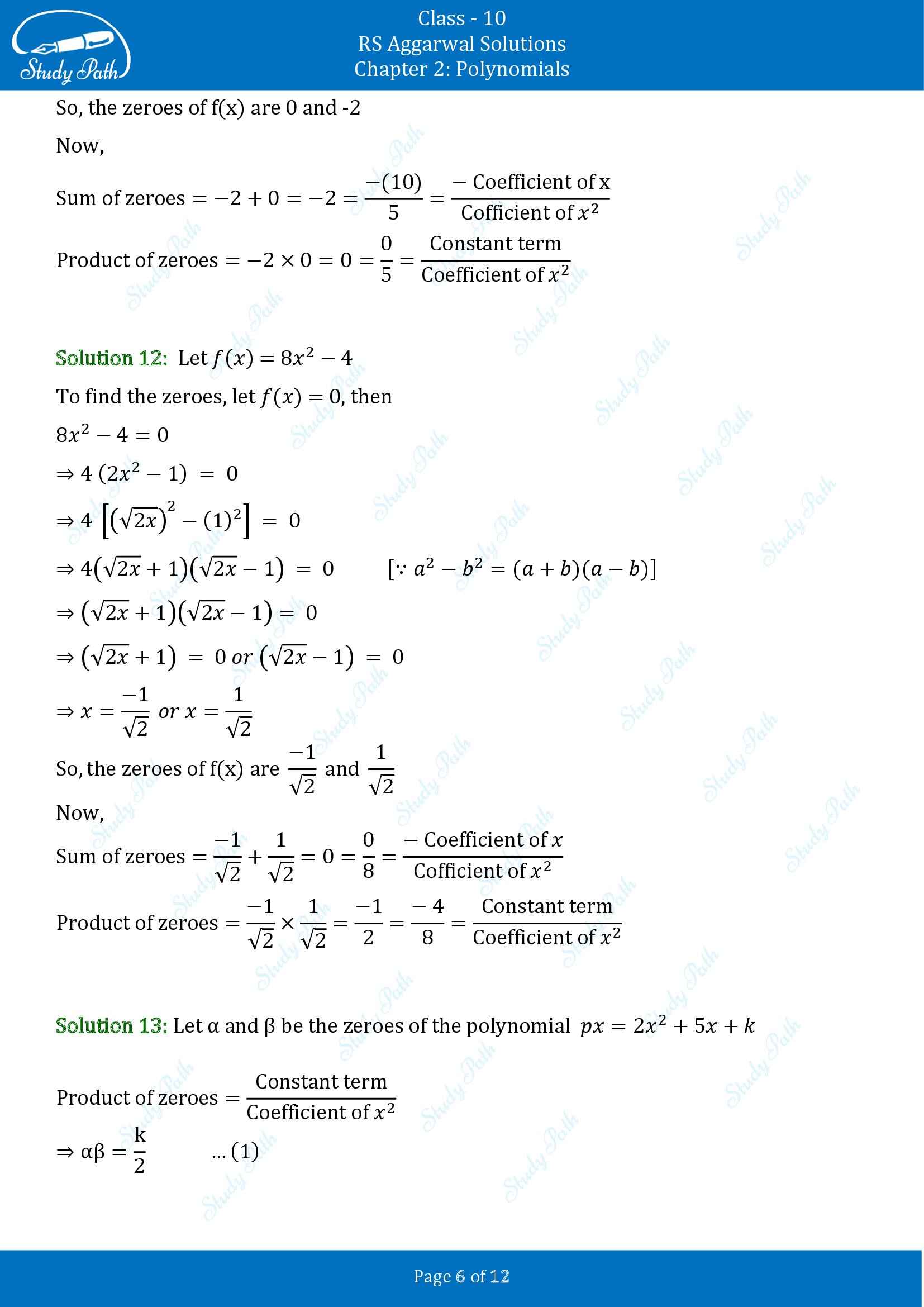 RS Aggarwal Solutions for Class 10 Chapter 2 Polynomials Exercise 2A 00006