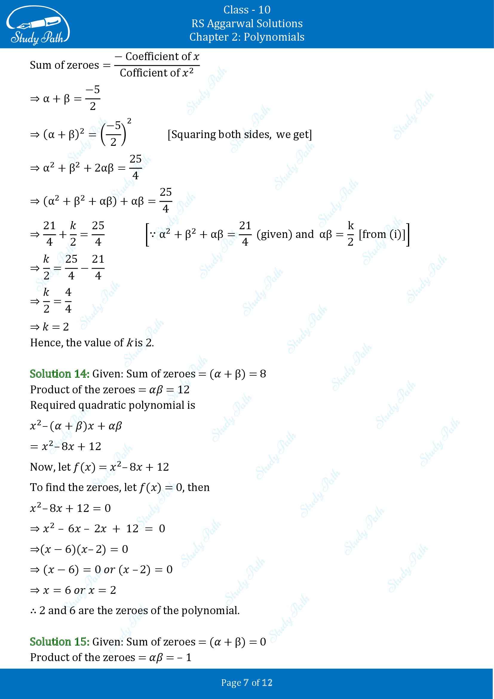 RS Aggarwal Solutions for Class 10 Chapter 2 Polynomials Exercise 2A 00007