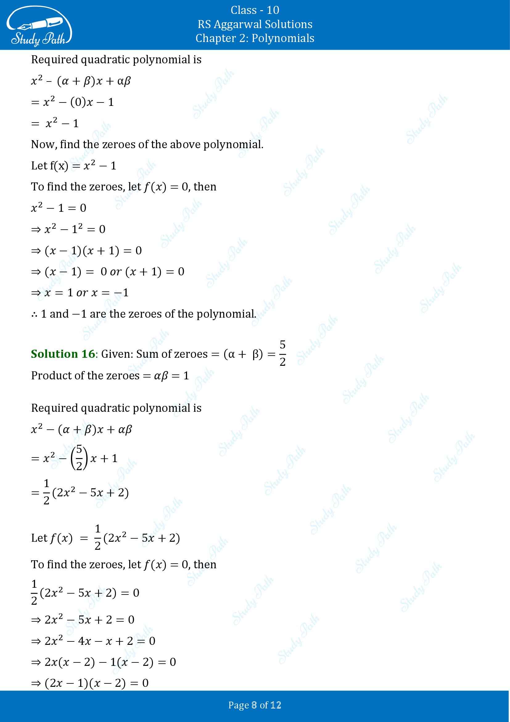 RS Aggarwal Solutions for Class 10 Chapter 2 Polynomials Exercise 2A 00008