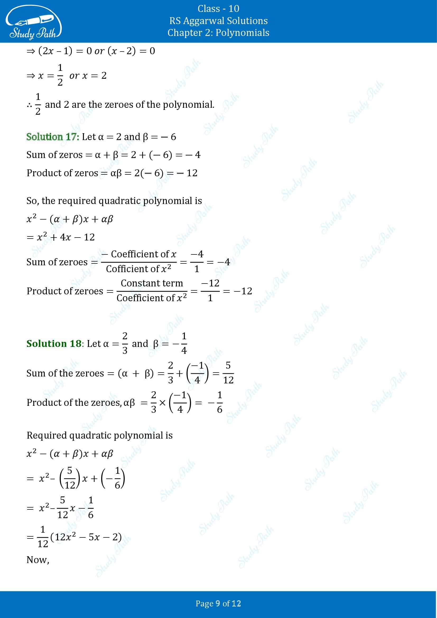 RS Aggarwal Solutions for Class 10 Chapter 2 Polynomials Exercise 2A 00009