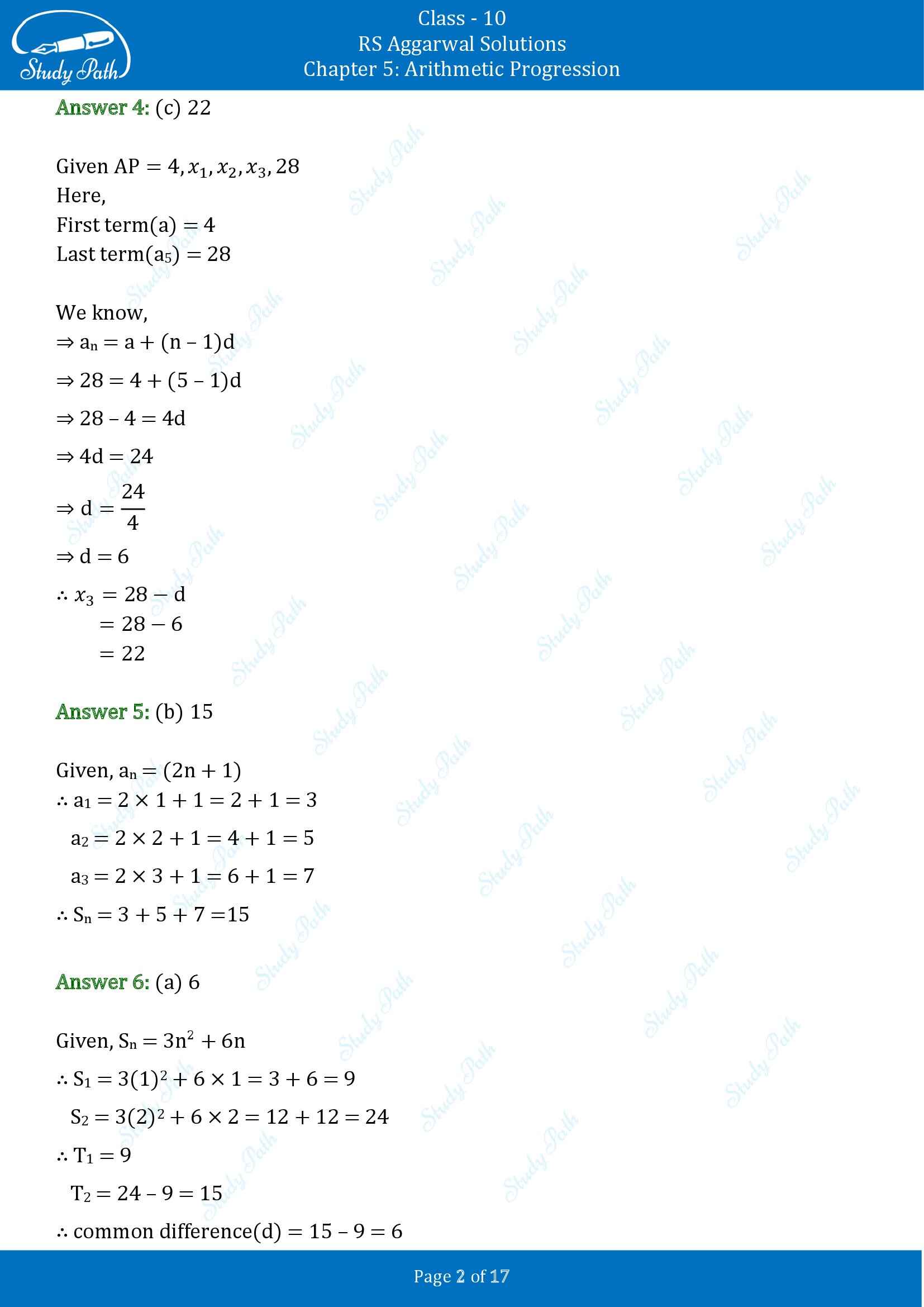 RS Aggarwal Solutions for Class 10 Chapter 5 Arithmetic Progression Multiple Choice Questions 00002