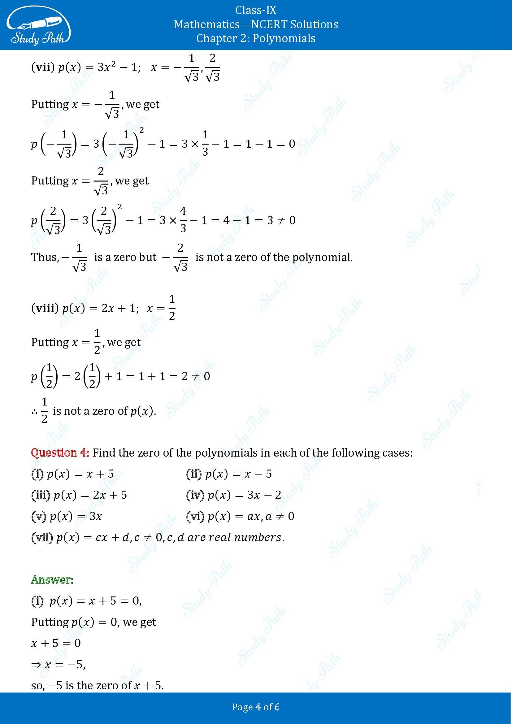 NCERT Solutions for Class 9 Maths Chapter 2 Polynomials Exercise 2.2 00004
