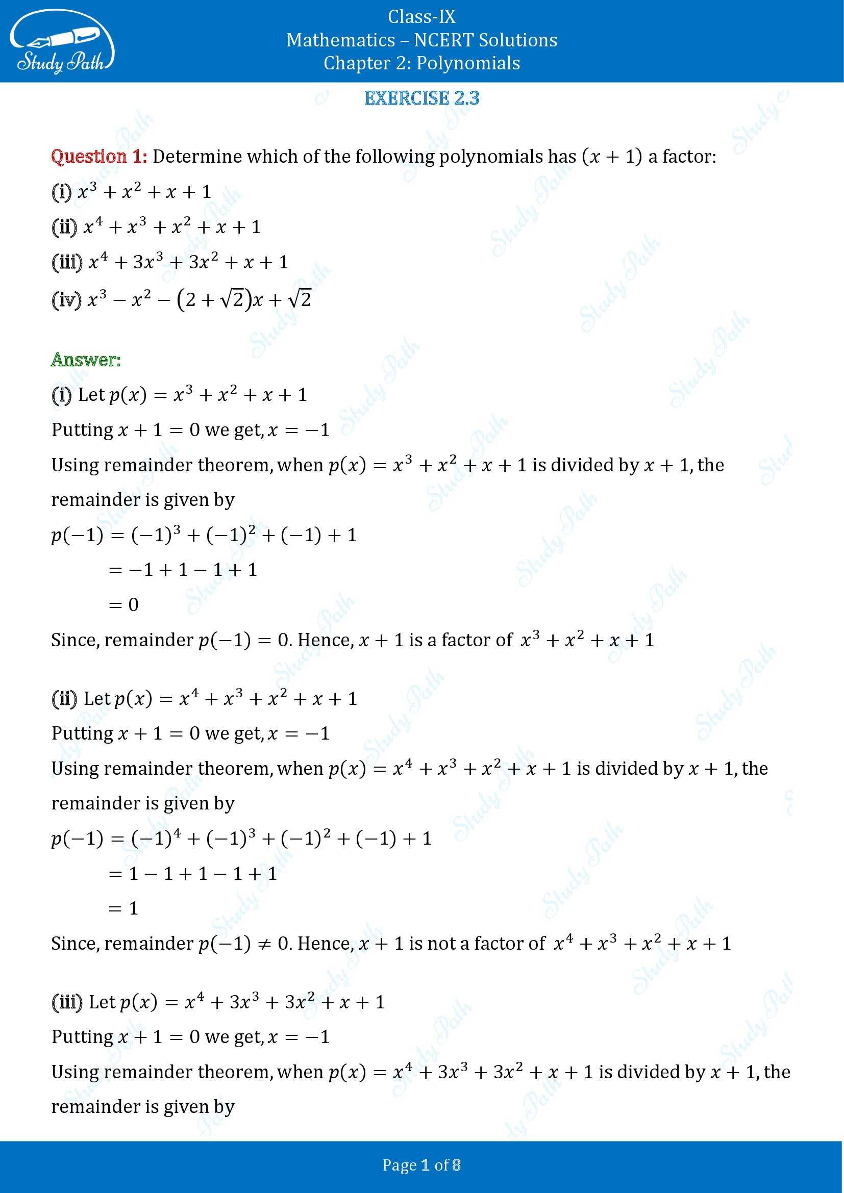 NCERT Solutions for Class 9 Maths Chapter 2 Polynomials Exercise 2.3 00001